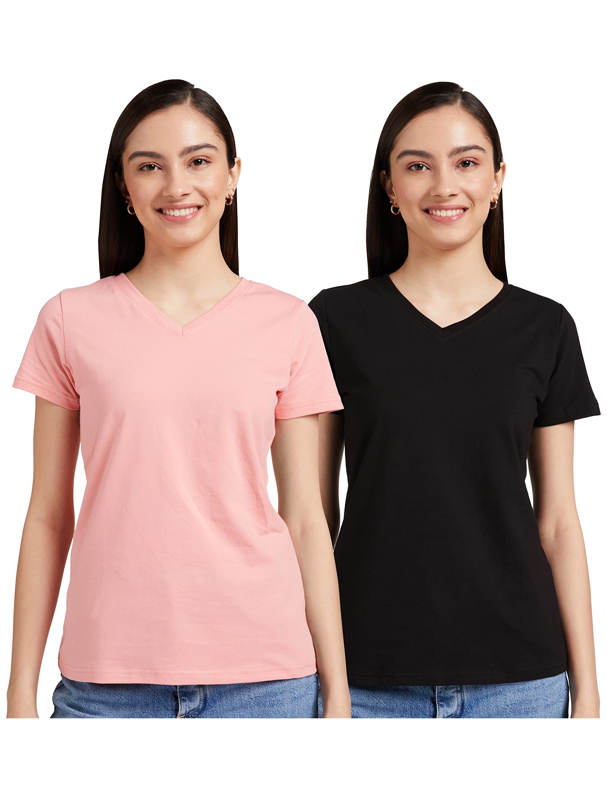 Amazon Brand - SymbolWomen's Solid Cotton Stretch Half Sleeve V-Neck Regular Fit T-Shirt (Pack of 2)