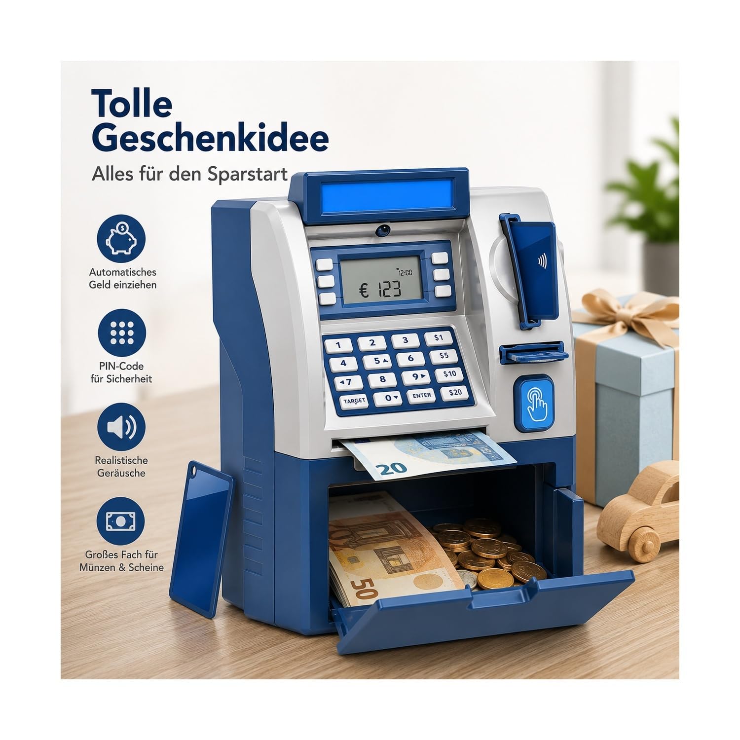 Elektronische Spardose Kinder mit PIN-Code & Karte, Sound & Licht