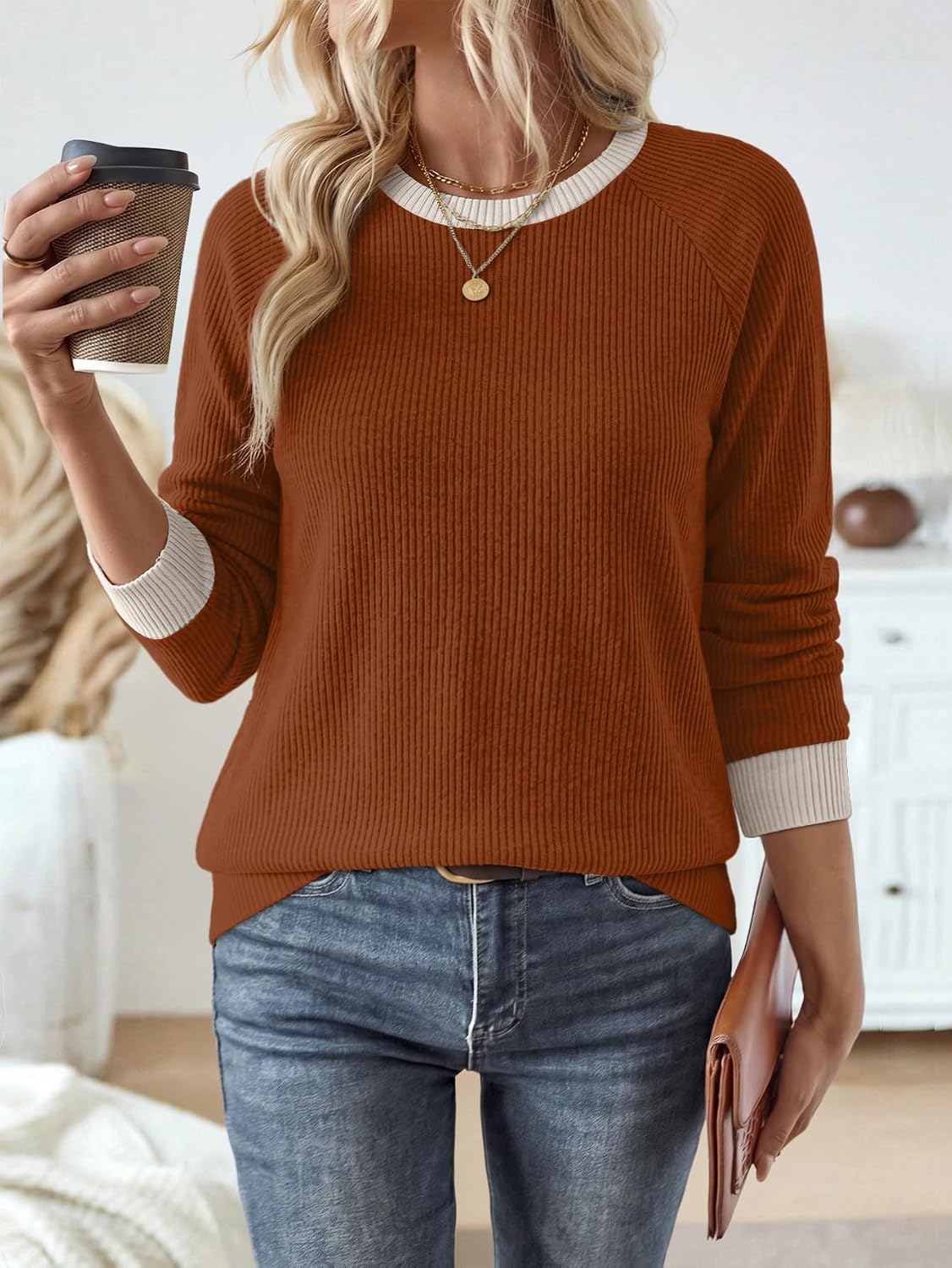 WIHOLL Womens Tops Long Sleeve Shirts Fall Fashion Sweaters Outfits | Trendy School Teacher Shirts Old Money Clothing Fall Must Have