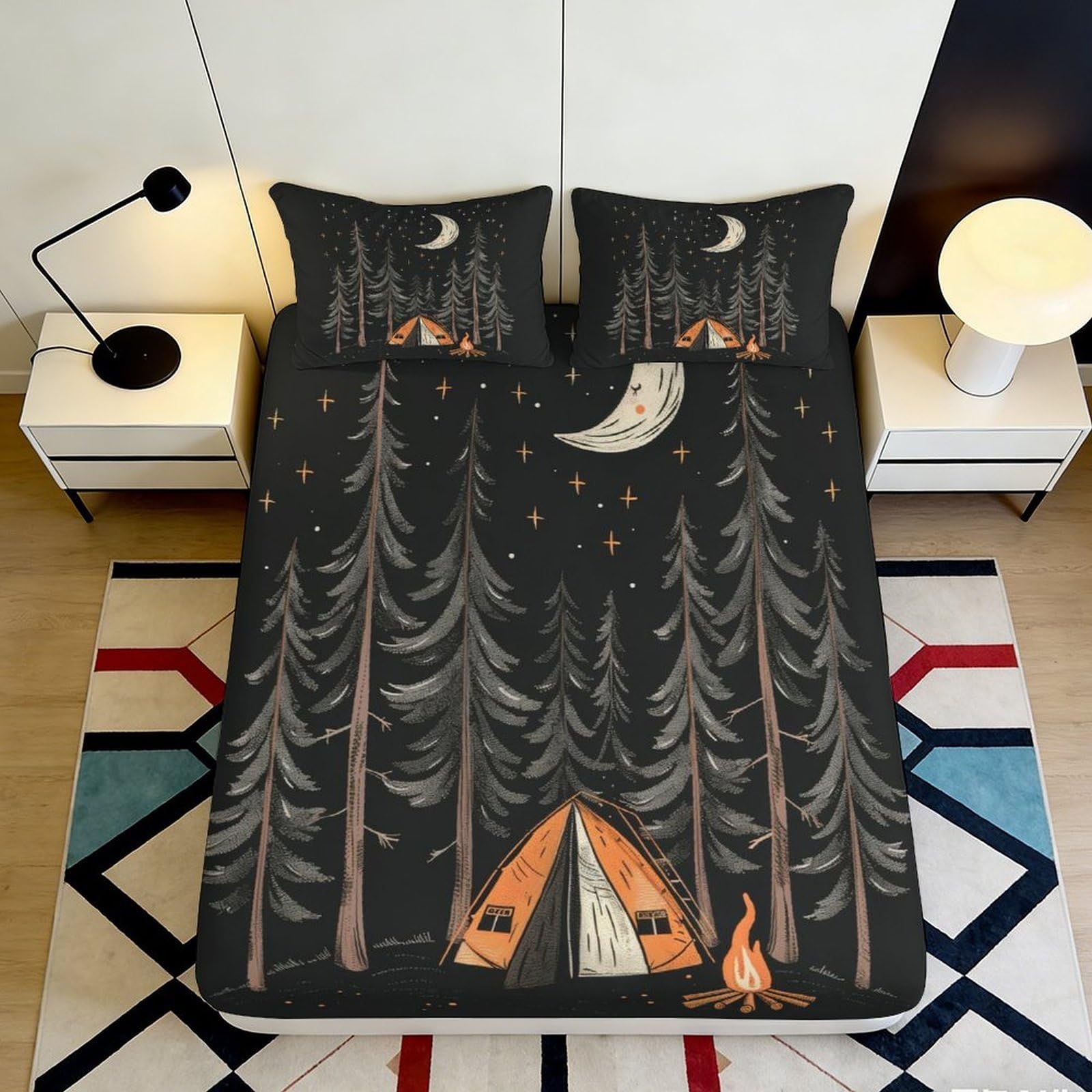 3D Printed Night Forest Fitted Sheet Microfiber Soft Moon Tent Mattress Cover Camping Decor for Bedroom Guest Room 140x200x25cm