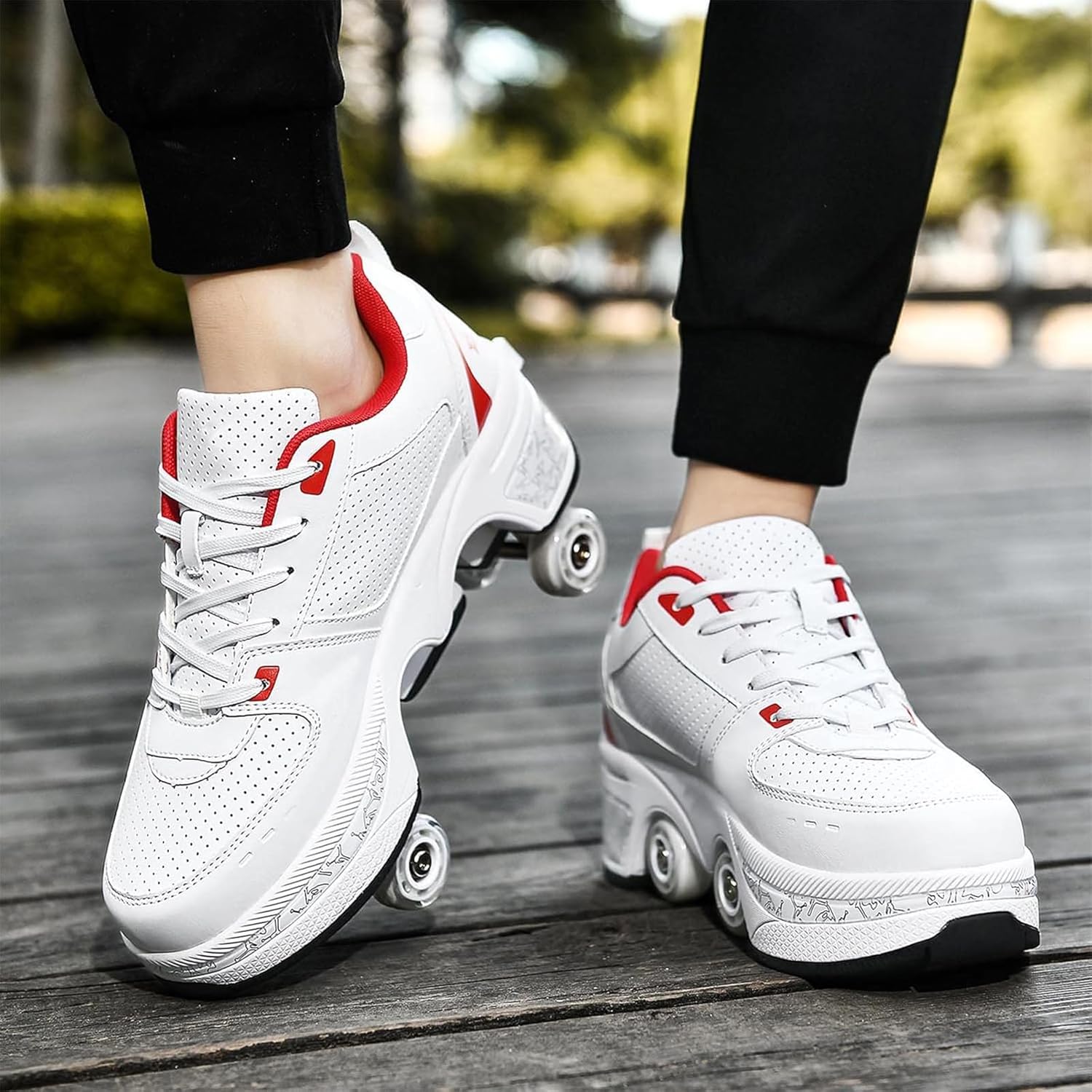 Roller Skate Shoes for Men Women, 2-in-1 Double-Row Deform Wheel Roller Skates, Boy Girl Sneakers with Removable Wheels, Indoor Outdoor Skates Shoes