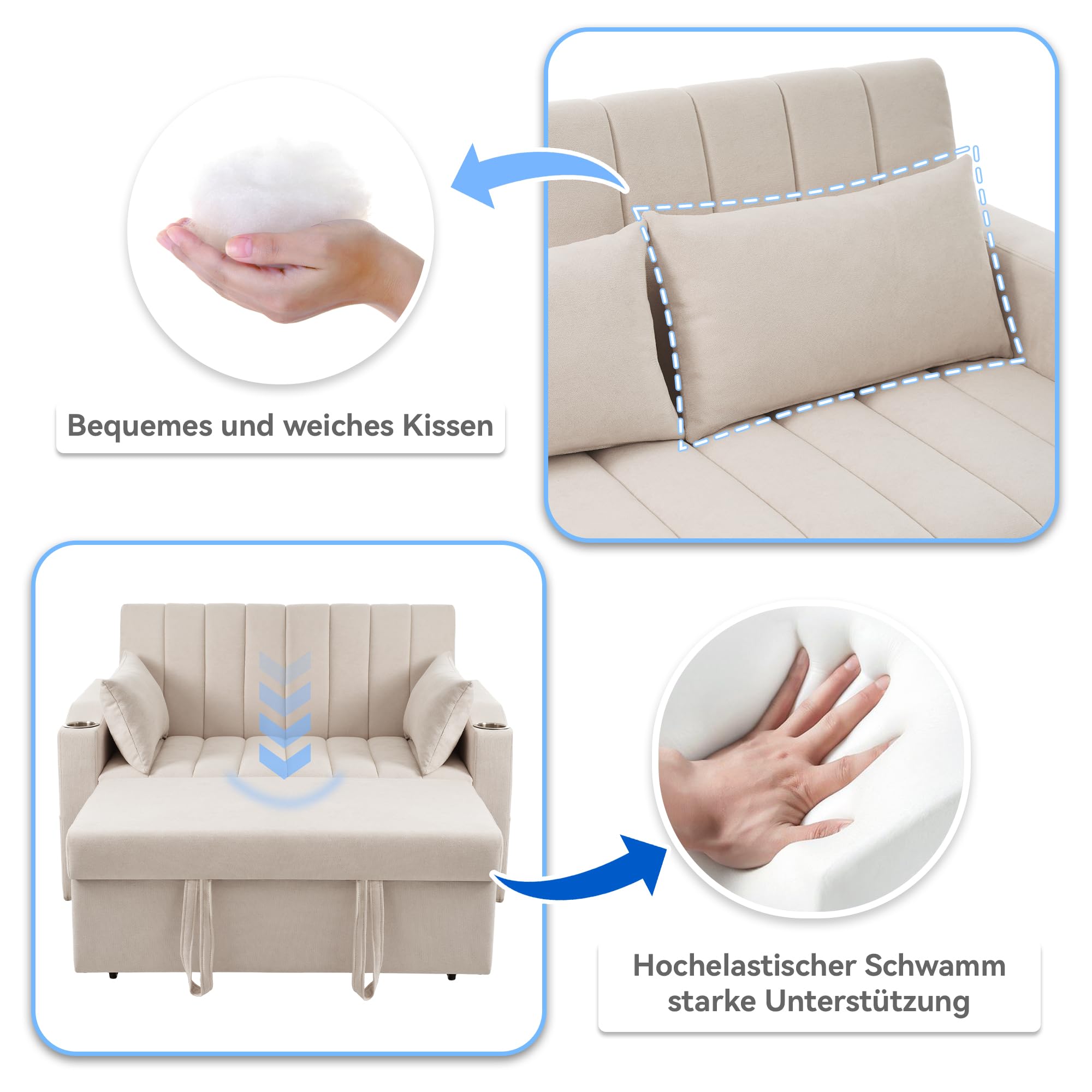 Generisch Modułowa sofa z funkcją spania z 3-stopniową regulacją, podwójne siedzisko z przyjaznej dla skóry tkaniny bawełnianej, regulowane oparcie do 180°, nośność 150 kg, 136 x 162 x 84 cm, do