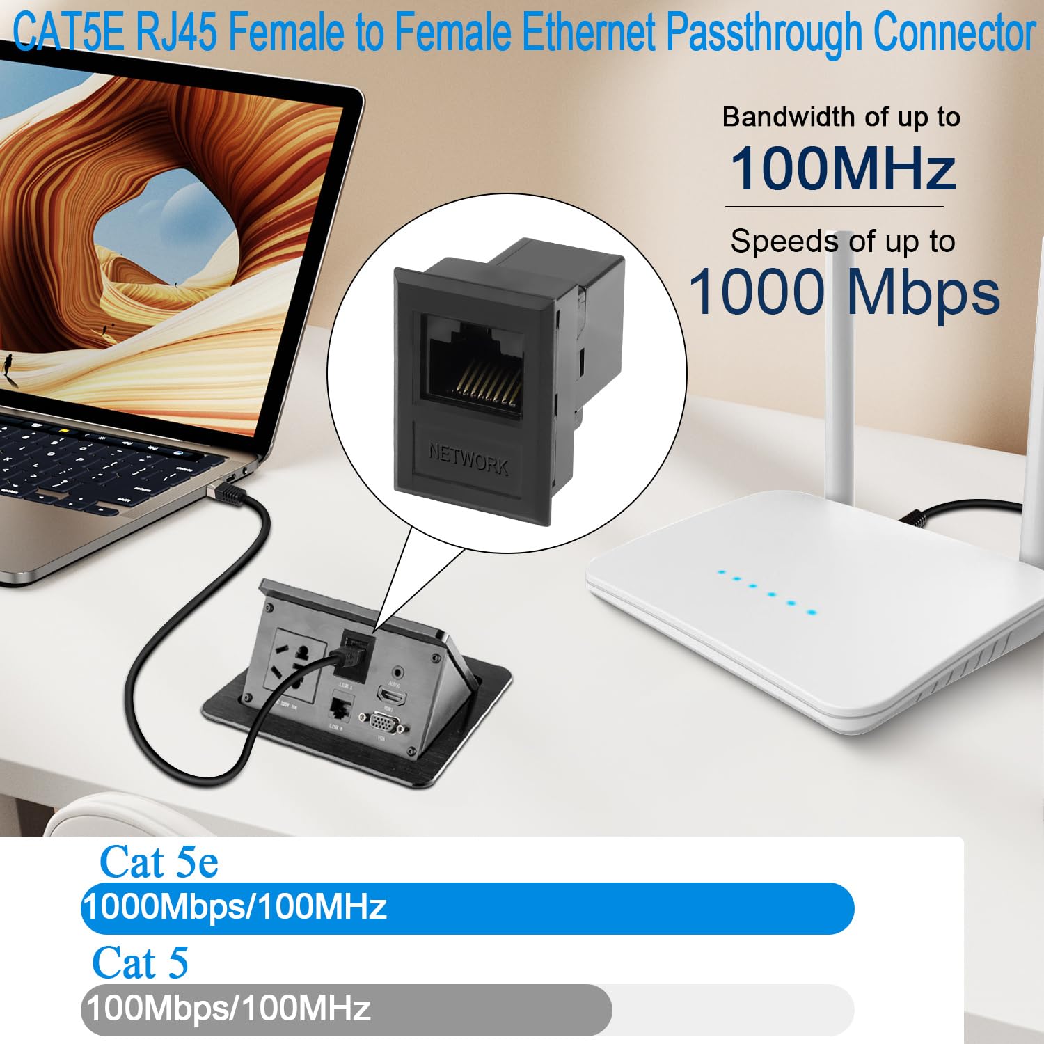 QIANRENON Desktop Connection Box RJ45 sieciowy Jack CAT5E RJ45 gniazdo na gniazdo Ethernet Passthrough Connector RJ45 8P8C uchwyt prostokątny Keystone Jack Desktop Socket RJ45 akcesoria, 2 szt