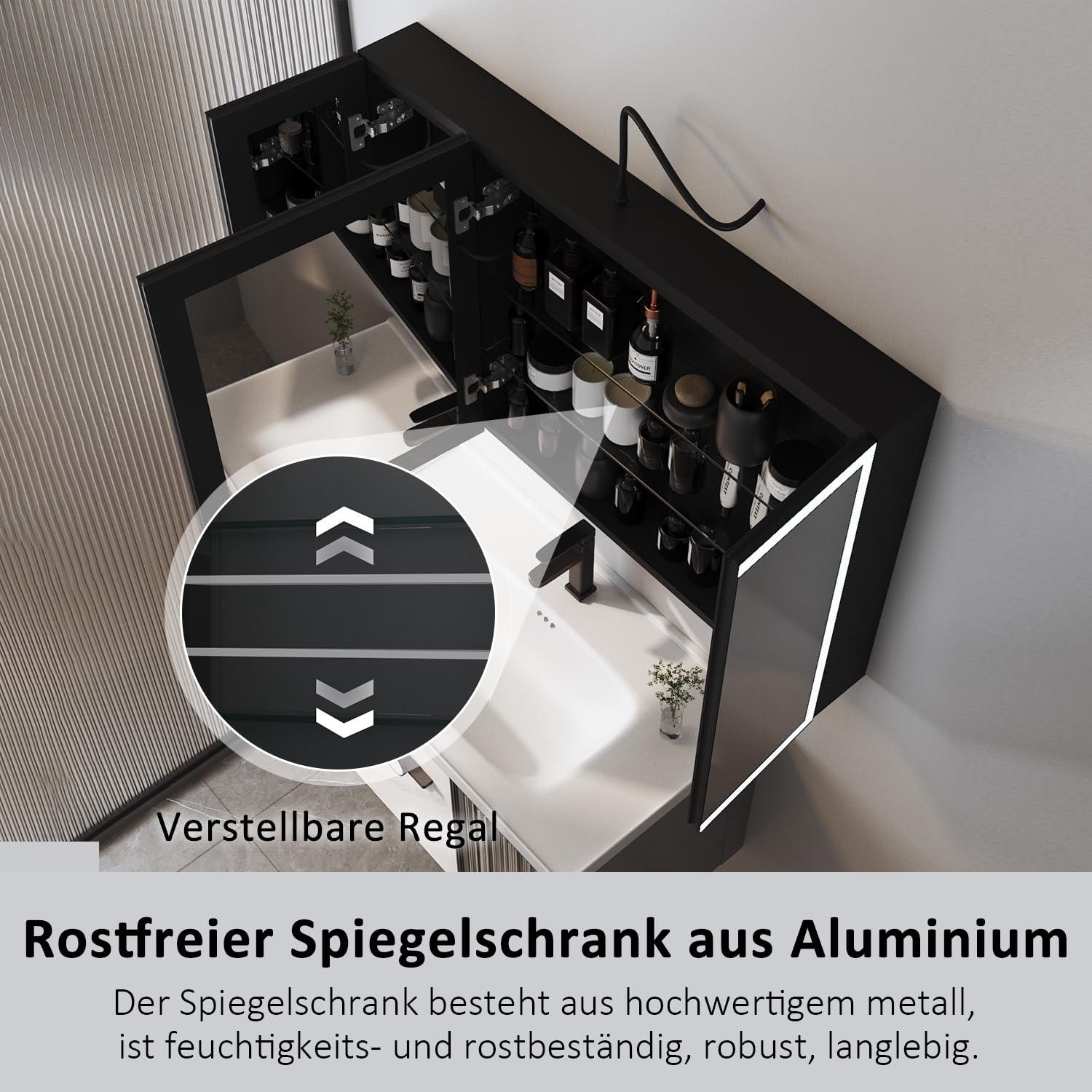 Boromal Großer Spiegelschrank Bad mit Beleuchtung 120 x 60 x 13,5 cm Schwarz Spiegelschrank mit Beleuchtung Metall LED Badezimmerschrank mit Dimmbar + Beschlagfrei + Stecker