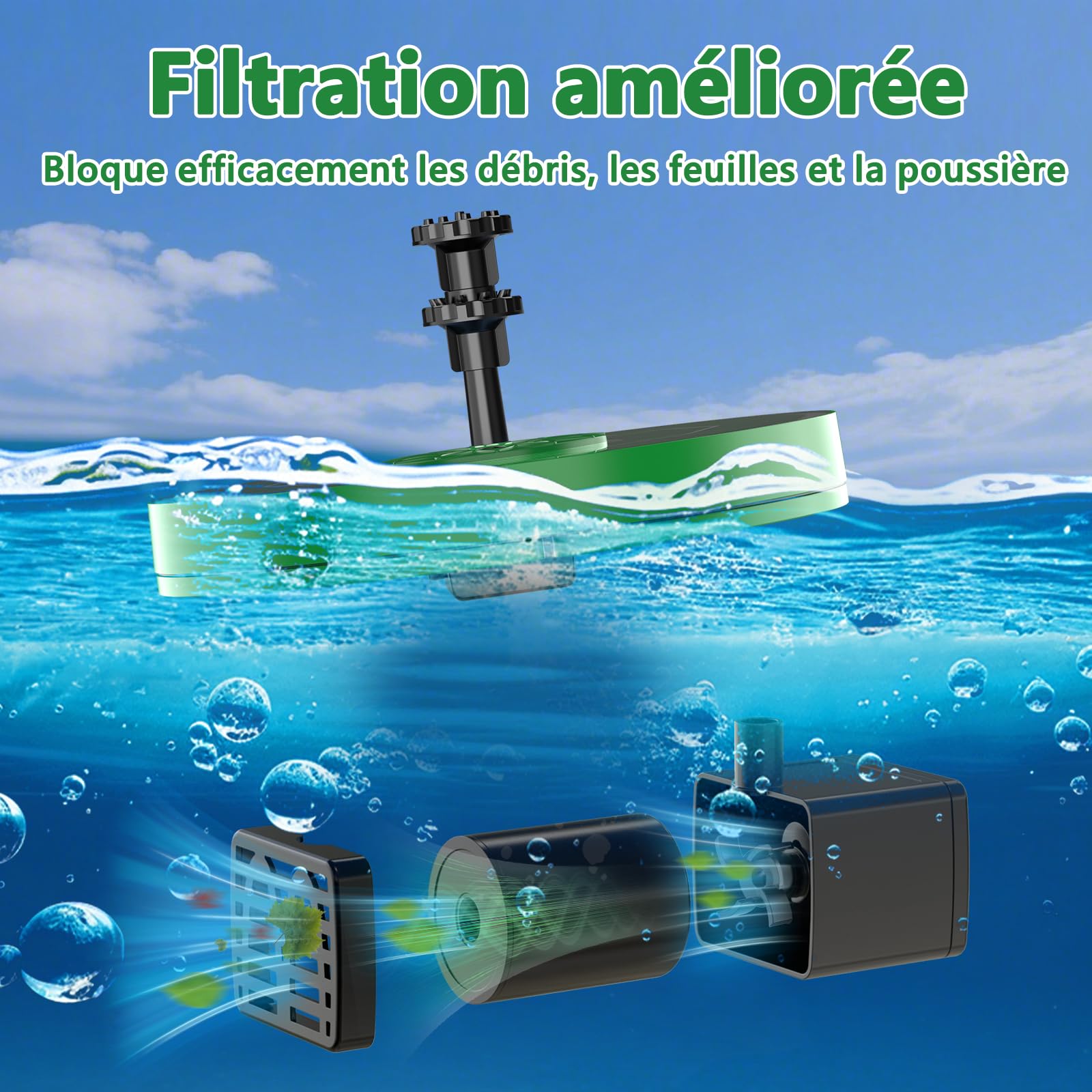AISITIN Fontaine Solaire 3,5W Pompe de Fontaine Flottante Solaire avec Divers Effets de Pulvérisation, Pompe Solaire Bassin Exterieur avec Vitre en Verre Vert Foncé pour Jardin