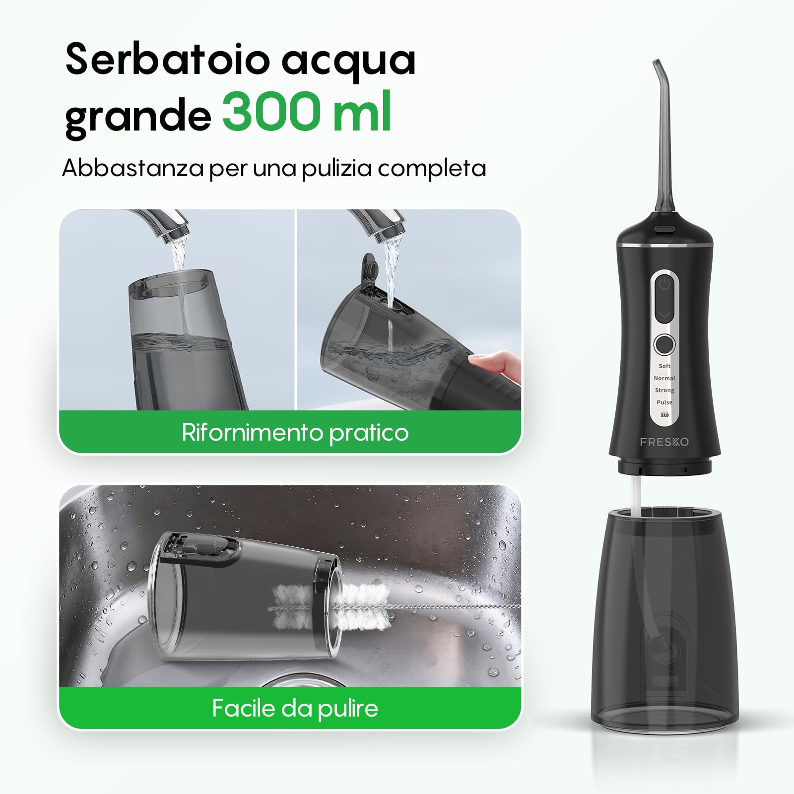 FRESKO Idropulsore Dentale Portatile, 300ML Irrigatore Orale con 4 Modalità 45-105PSI, Batteria 2600mAh, Impermeabile IPX7, 5 Punte per Apparecchi e Impianti