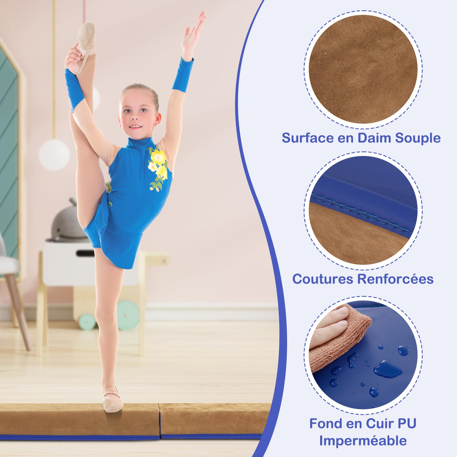 GYMAX Poutre de Gymnastique Pliable 240 cm, Poutre d'Équilibre Portable avec Structure Trapezoïdale et Poignées, Poutre d'Équilibre en PU pour Enfants, Débutants et Athlètes Professionnels