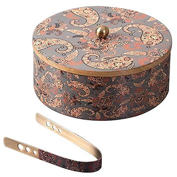 nestroots casserole for roti | hot box for kitchen wooden Printed chapati box for kitchen |hot pot roti box with Tong (9 inch Dia, Grey)