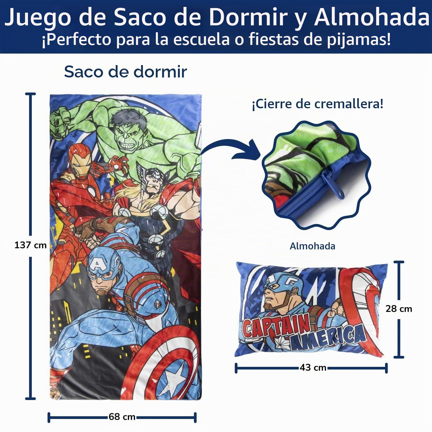 Set de 2 con Almohada y Manta de Los Vengadores Marvel, Saco de Dormir Infantil con Bolsa y Almohada, para Fiestas de Pijamas, Viajes y acampadas