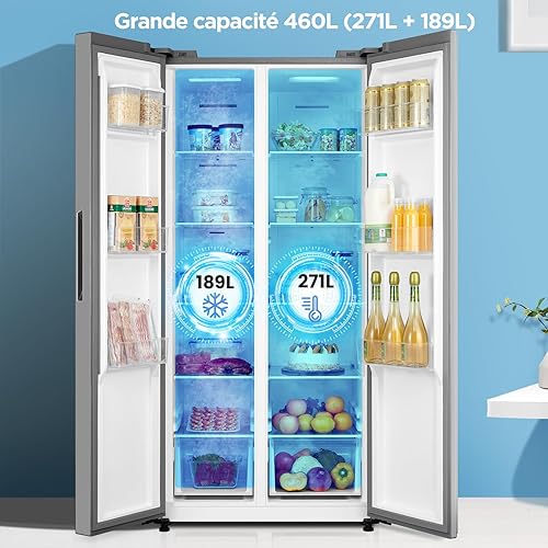 Comfee' RCS609IX2 Réfrigérateur-Congélateur Américan/No Frost/Compresseur Inverter/Hauteur 177,5 cm/460 L(271+189) de Réfrigération/Double contrôle/SuperCool, Inox - 2