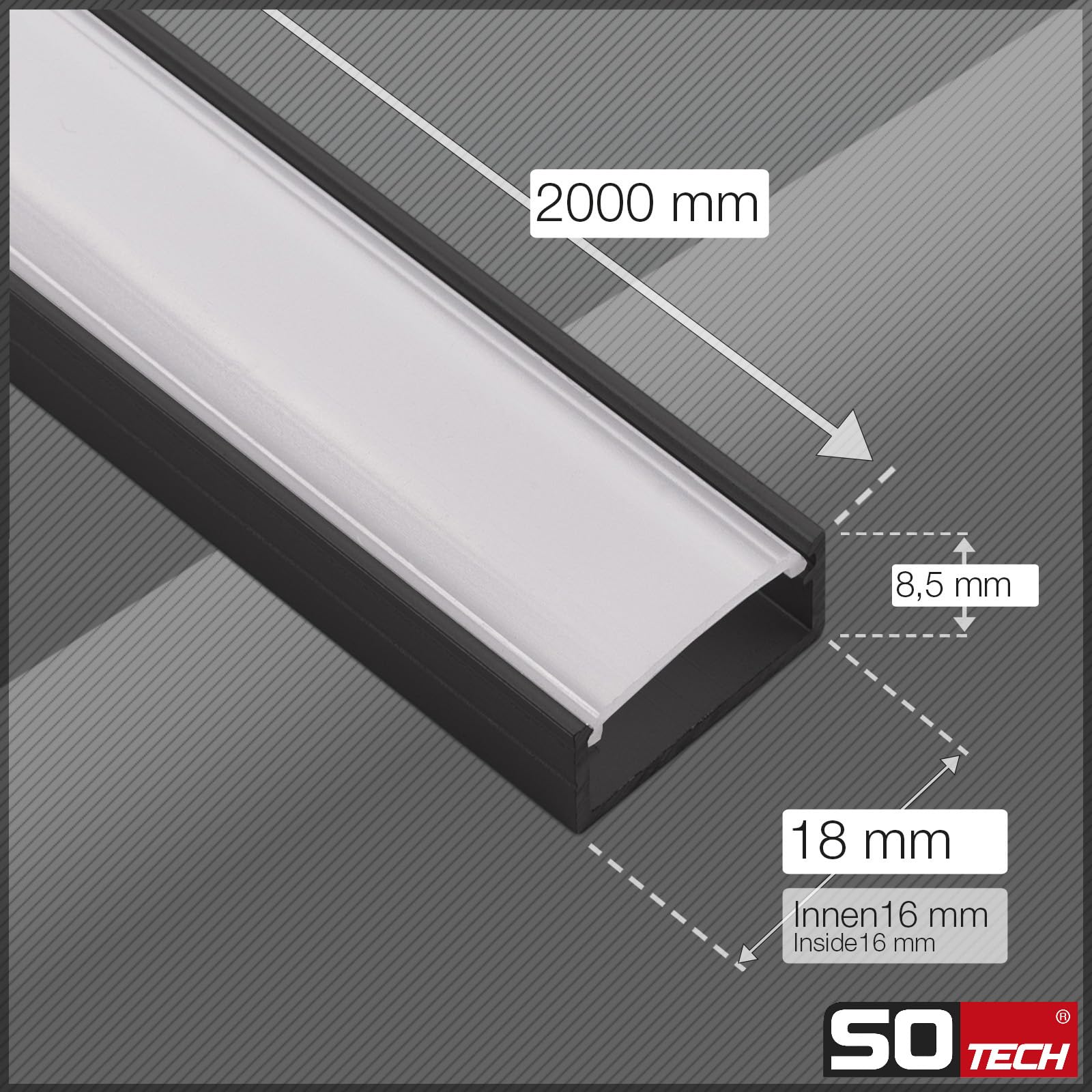 SOTECH LED Profil-PH1 (2000 x 18 x 8,5 mm) Schwarz für breite LED Stripes bis 16 mm (z.B. für Philips Hue LightStrip) Aufbauprofil mit opaler Abdeckung und Endkappenset