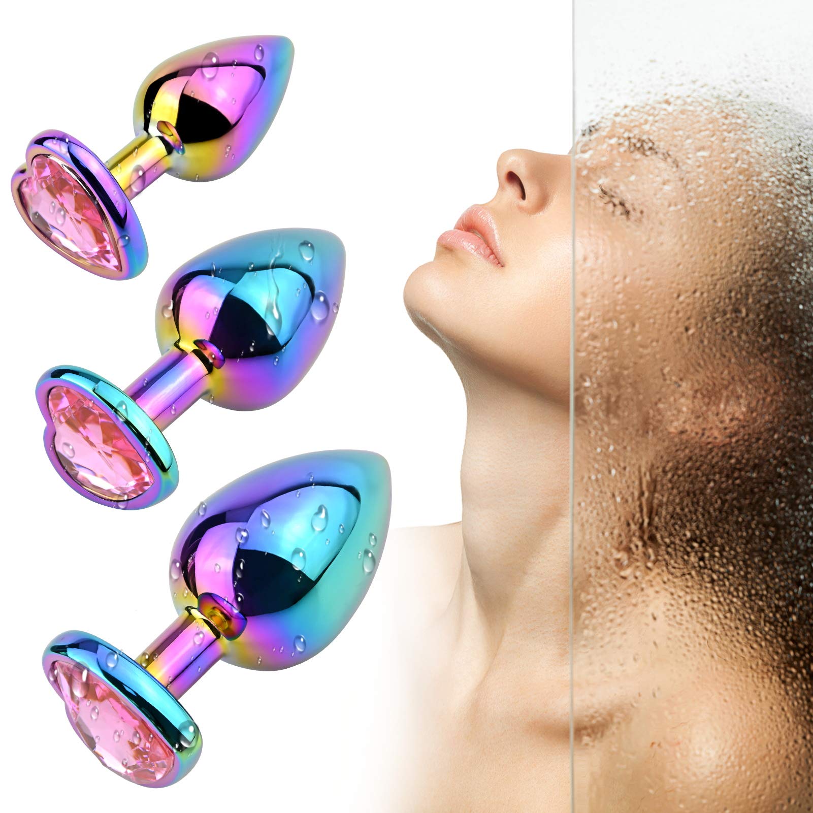 Anal Plugs 3PCS Anal Trainer Set Colorful Metal Butt Plug Heart Shape Jewelry Anal Sex Toys for Beginners Advanced Users Sex Factory ()