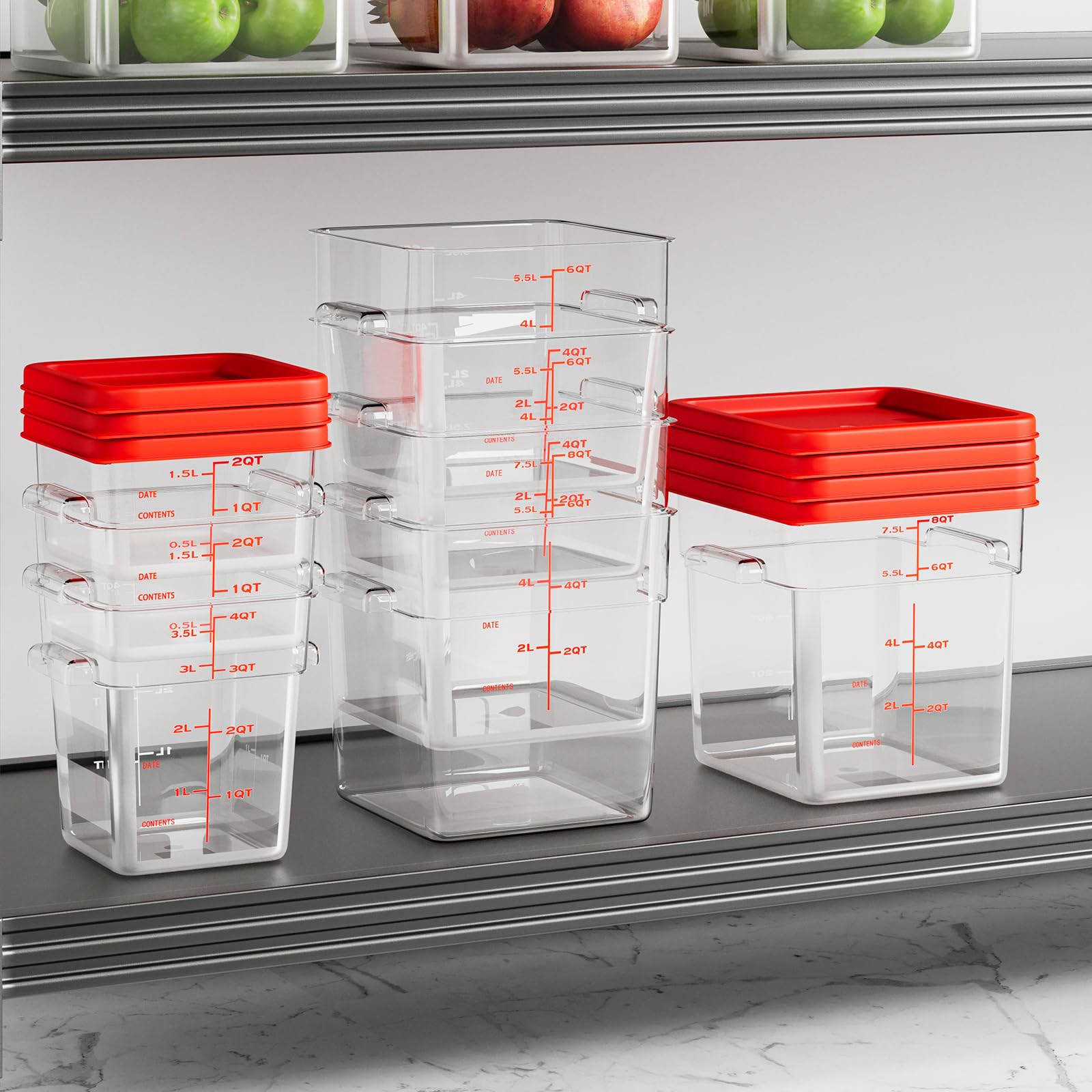 Paquete de 4 recipientes de almacenamiento de alimentos, recipientes de alimentos con tapas y asas, recipientes cuadrados comerciales para cocina, restaurante, refrigeración, etc. (6 cuartos de