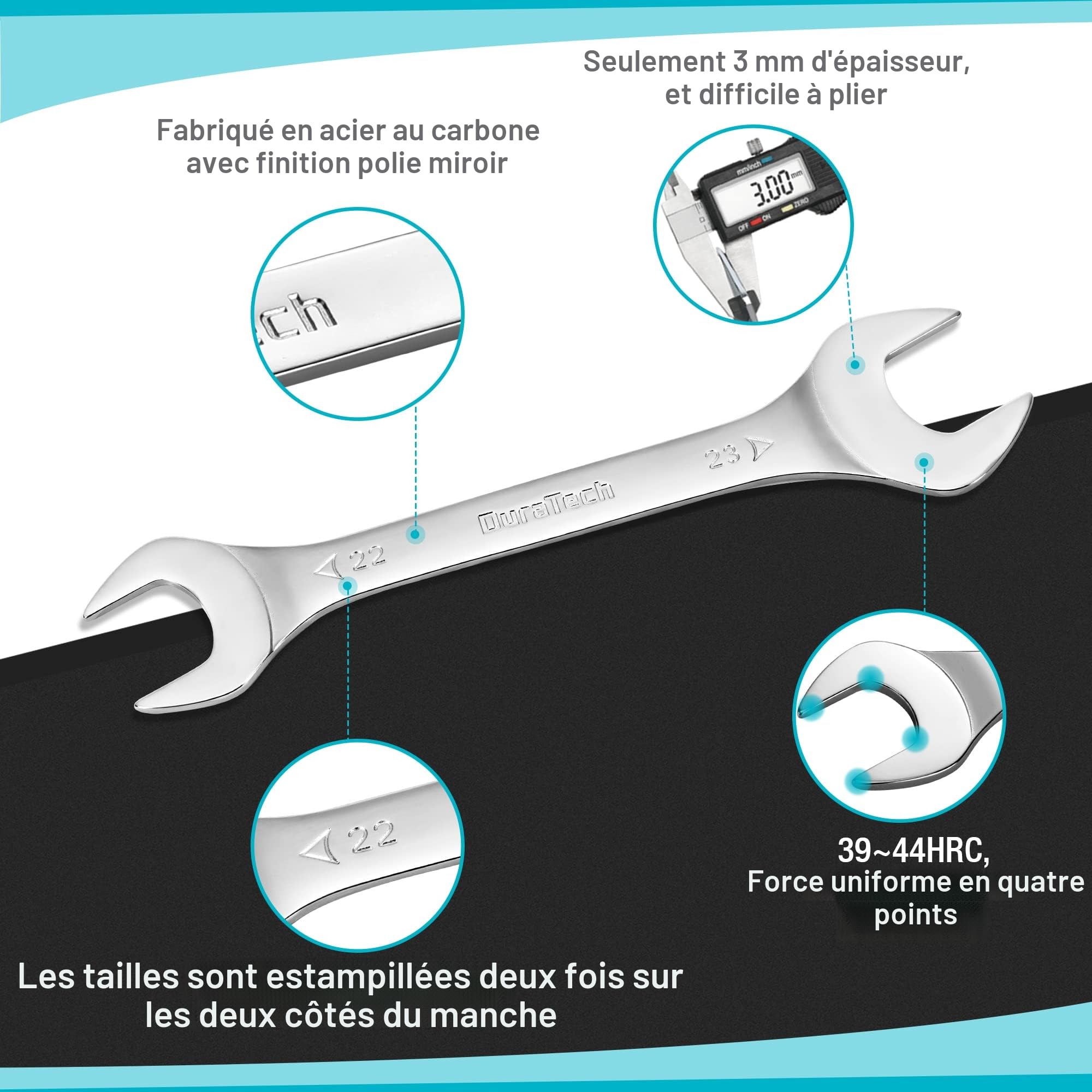 DURATECH Jeu de 8 Clés Plates Doubles Ultra-Fine 5,5 mm-27 mm, Clés Plates à Double Extrémité Ouverte, Chromé Miroir, 3 mm d'Épaisseur, avec une Pochette Enroulable