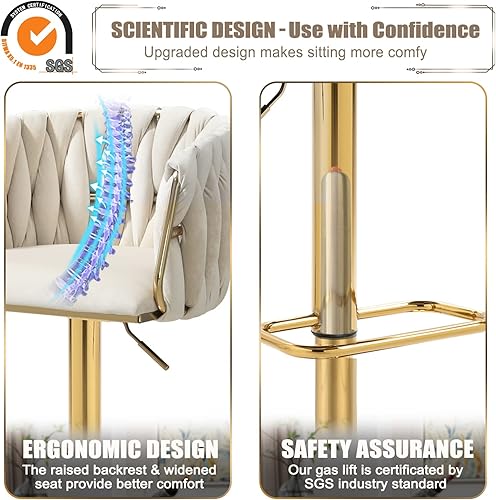 Miniatura 9 de Juego de 2 taburetes de bar giratorios de terciopelo, taburetes de bar ajustables y cómodos, silla de comedor moderna con respaldo tejido, taburetes