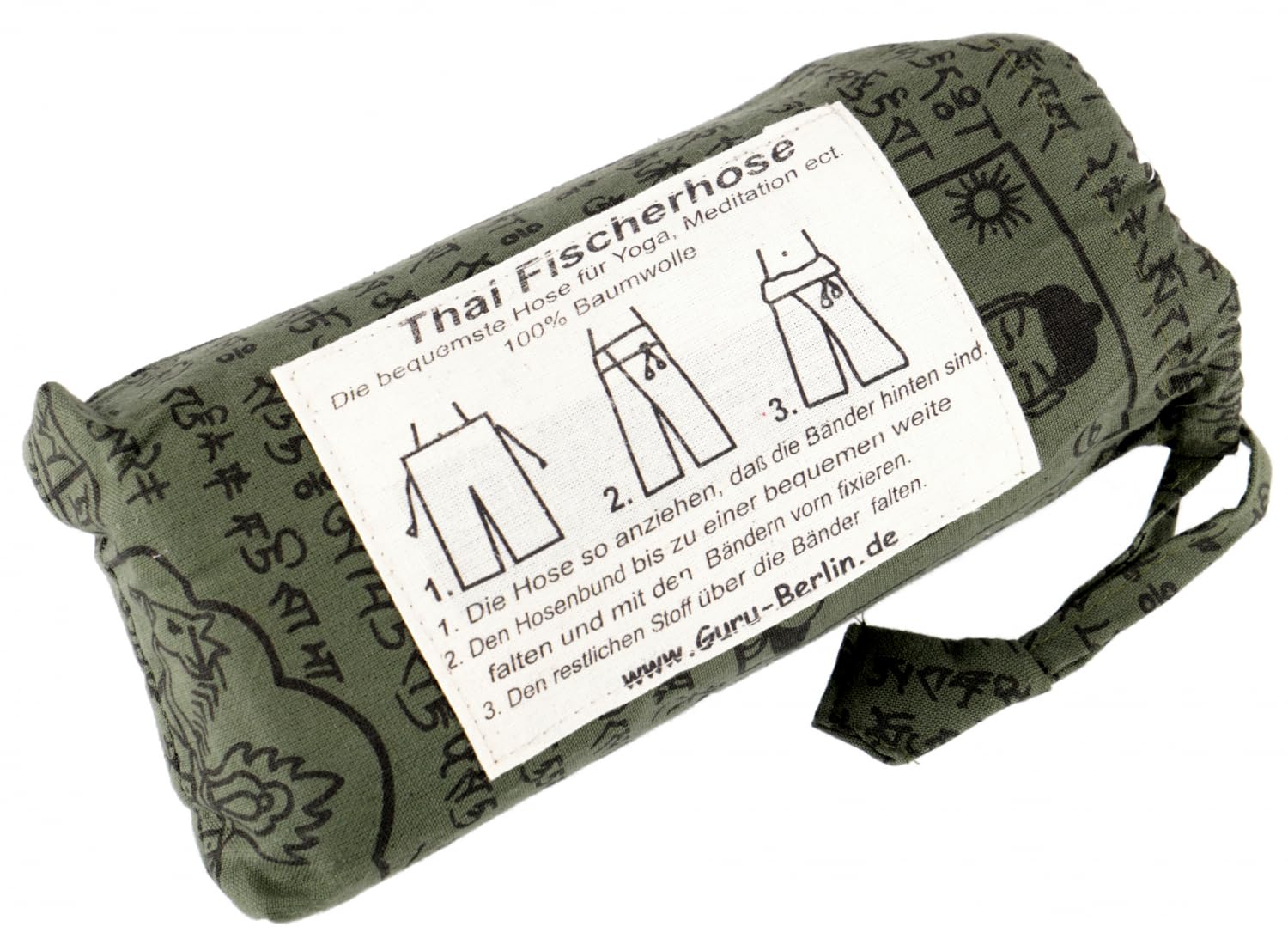 GURU SHOP Pantalones de pescador tailandeses con estampado de mantra de algodón tejido, pantalones de yoga, para hombre/mujer, verde, talla: talla única