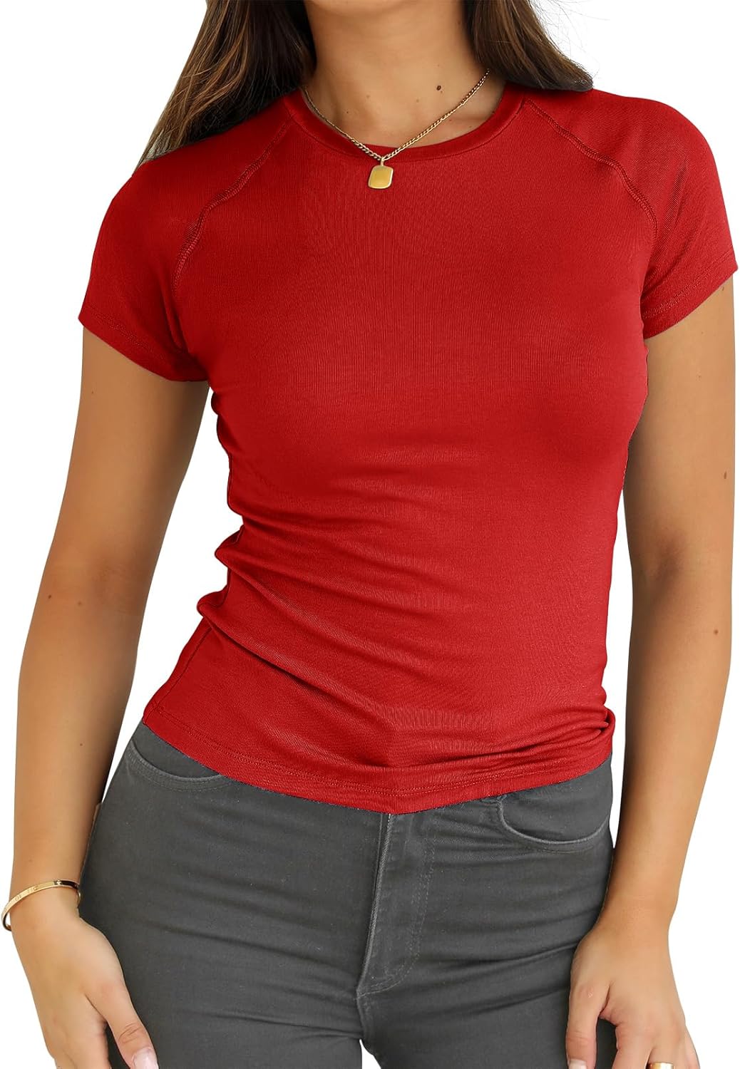 Abardsion 2025 Women Casual Activewear T Shirts Basic Crewneck Raglan Short Sleeve Slim Tight Fit Going Out Tops