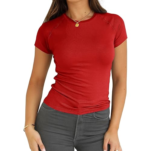 Abardsion 2025 Women Casual Activewear T Shirts Basic Crewneck Raglan Short Sleeve Slim Tight Fit Going Out Tops