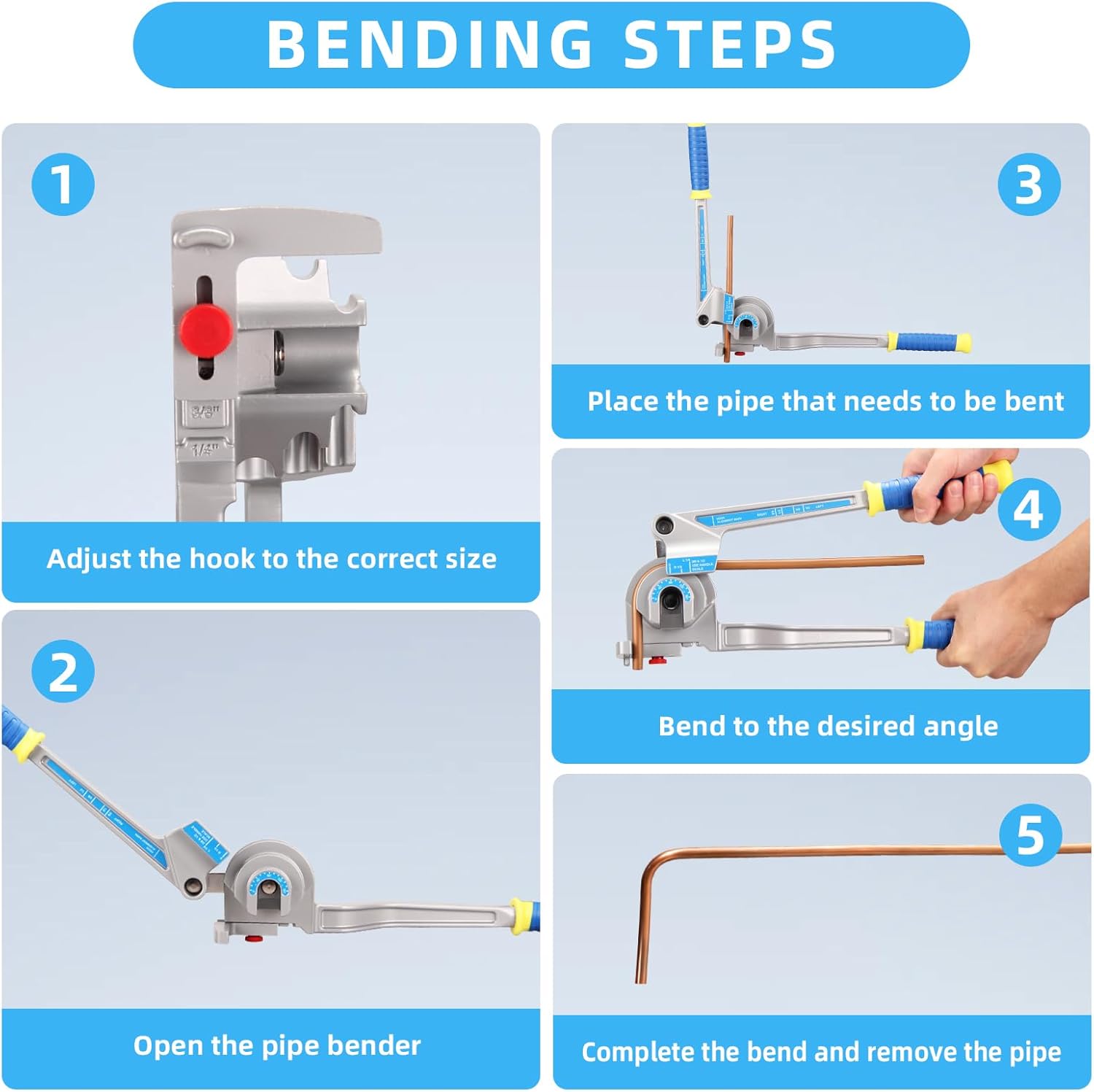 DOMINOX 3-IN-1 Tube Bender, Outer Diameter 1/4", 3/8", 1/2", 0-180° Manual Pipe Bender Tool, for Aluminum, Brass, Copper and Thin Steel Pipes