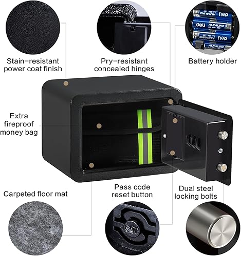 Vista 5 de Caja de seguridad de 0.23 pies cúbicos, pequeña, con bolsa ignífuga, llaves y código de acceso, caja de seguridad electrónica digital para dinero