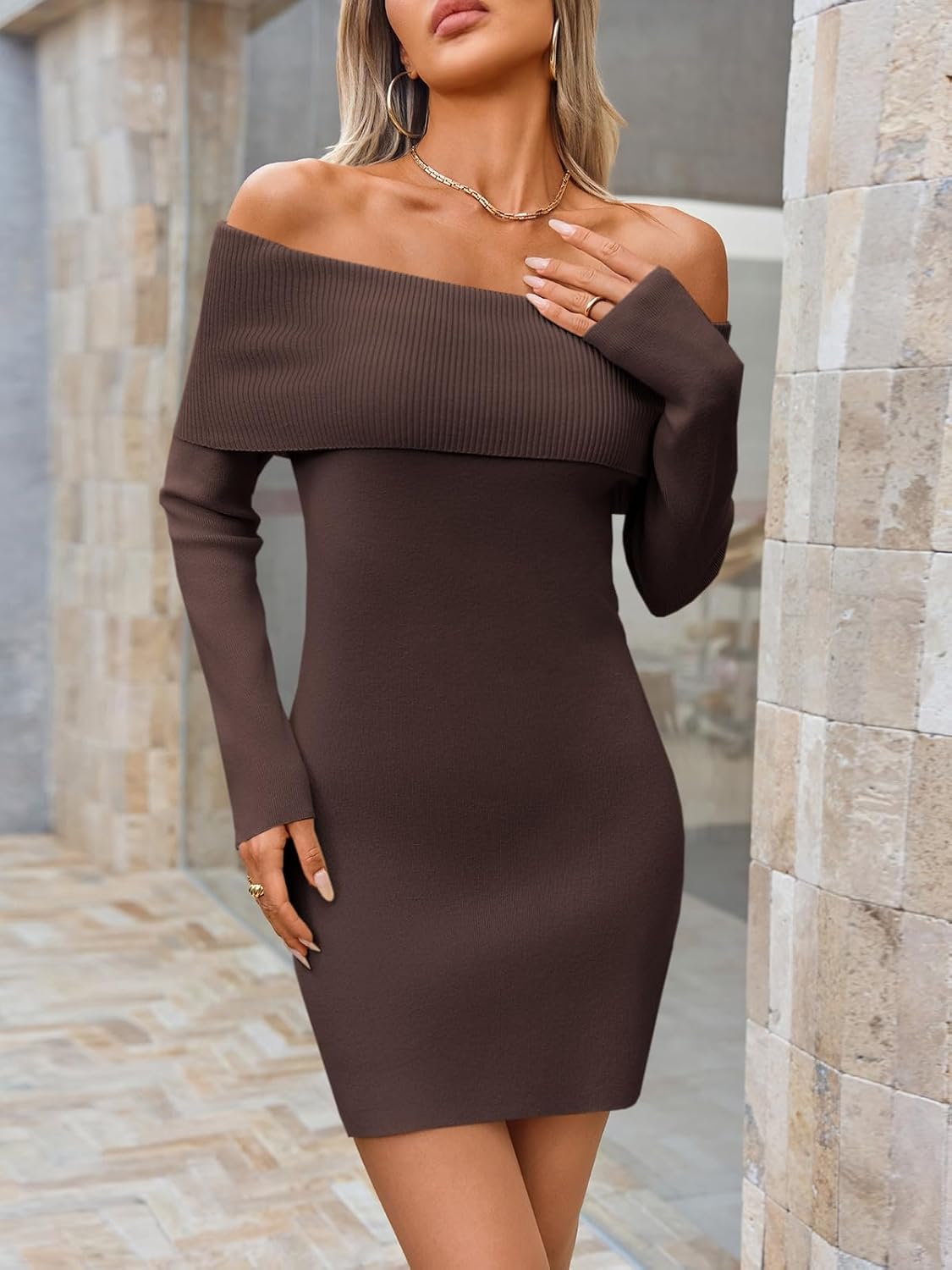 Wenrine Womens Off The Shoulder Sweater Dress Casual Ribbed Knit Long Sleeve Bodycon 2025 Fall Party Mini Dresses - Image 3