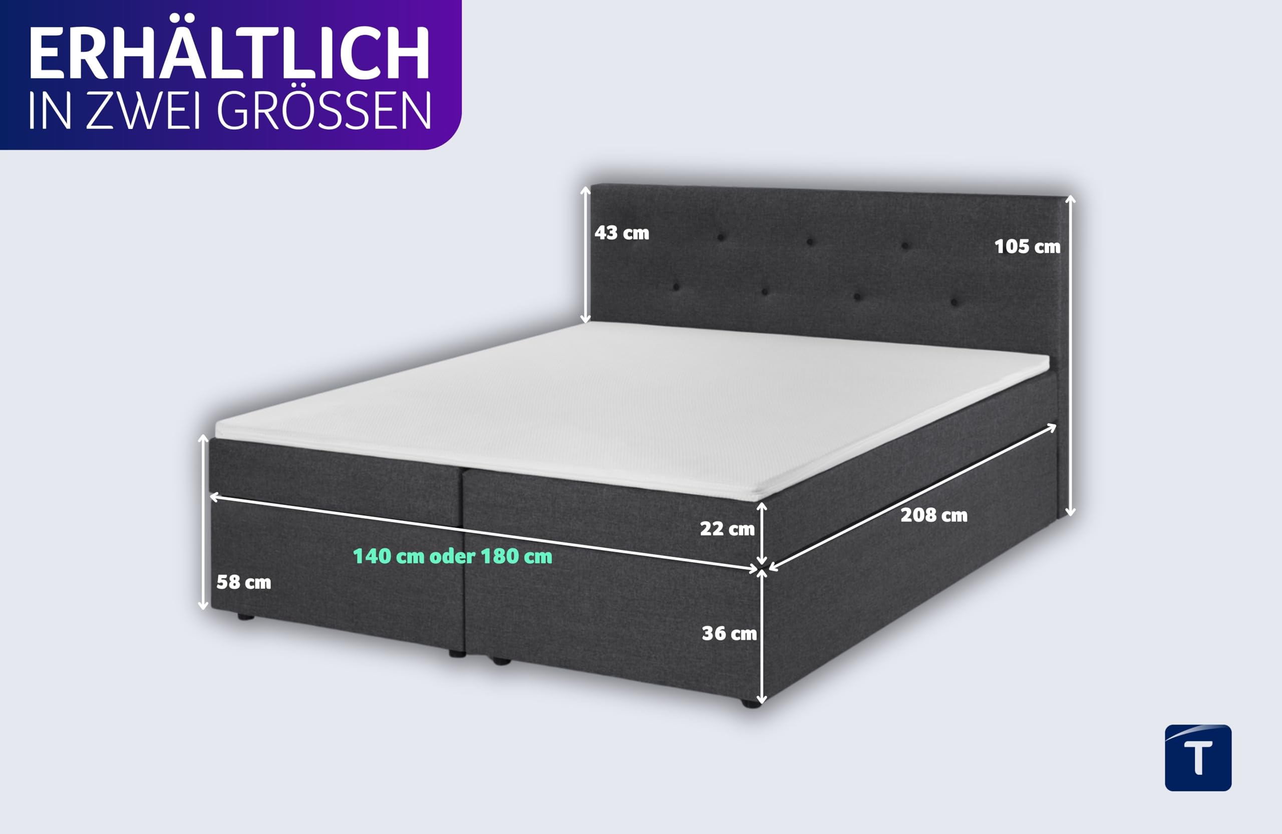 Traumnacht Boxspringbett, mit 7-Zonen Tonnentaschenfederkernmatratzen (H3) und Komfortschaumtopper, leichter Aufbau, produziert nach deutschem Qualitätsstandard, 180 x 200 cm in grau