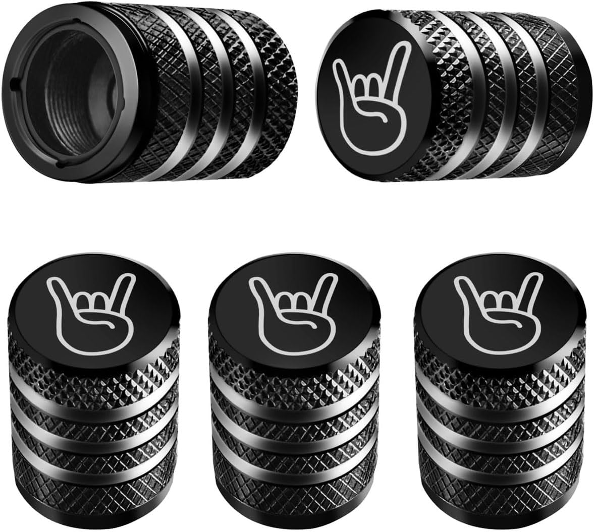 DECURCAR Tire Valve Stem Cap Cover - (5 Pack) Tire Air Cap Metal with Plastic Liner Corrosion Resistant Leak-Proof Rock and Roll for Car Truck Motorcycle Bike Black
