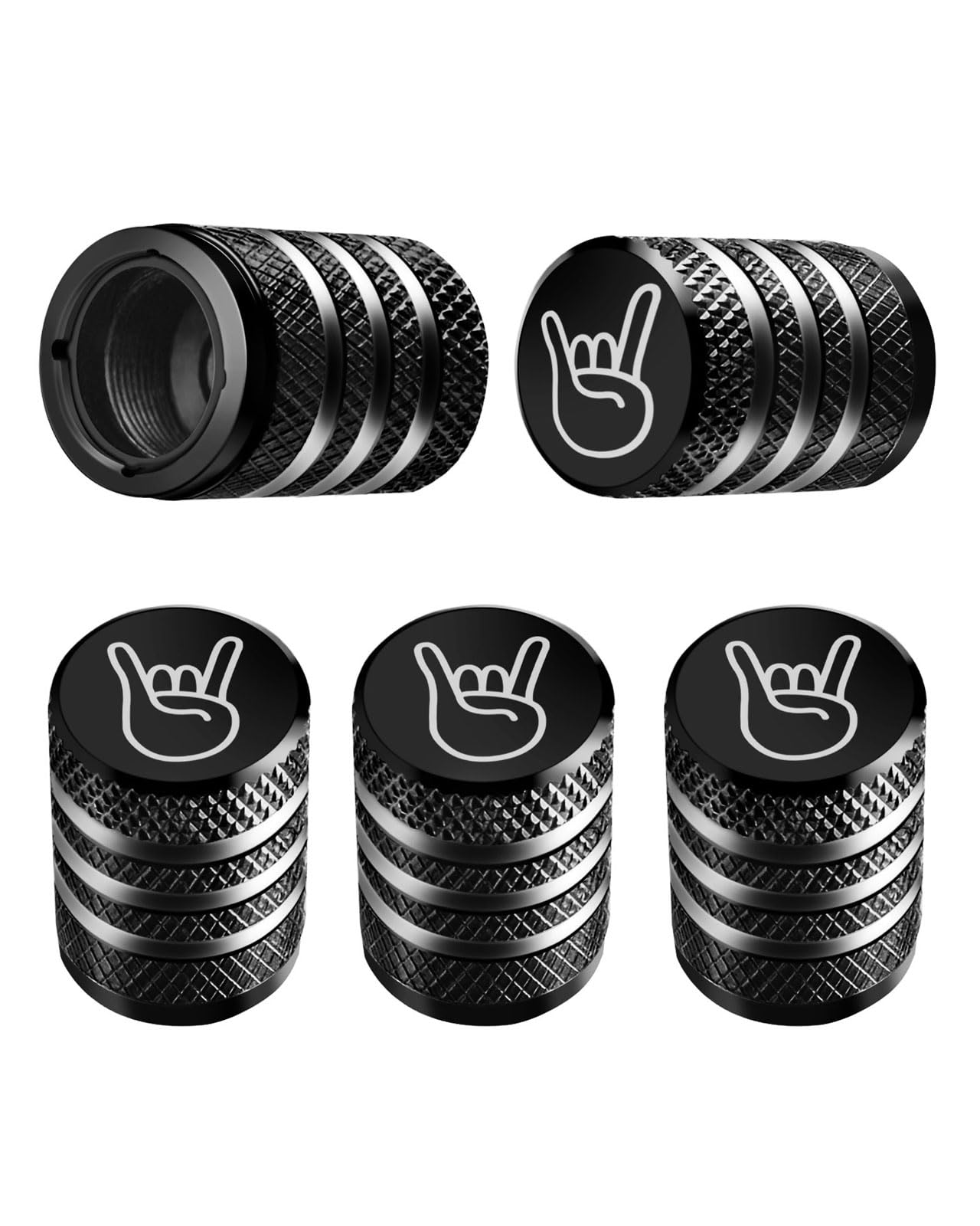 Tire Valve Stem Cap Cover - (5 Pack) Tire Air Cap Metal with Plastic Liner Corrosion Resistant Leak-Proof Rock and Roll for Car Truck Motorcycle Bike Black