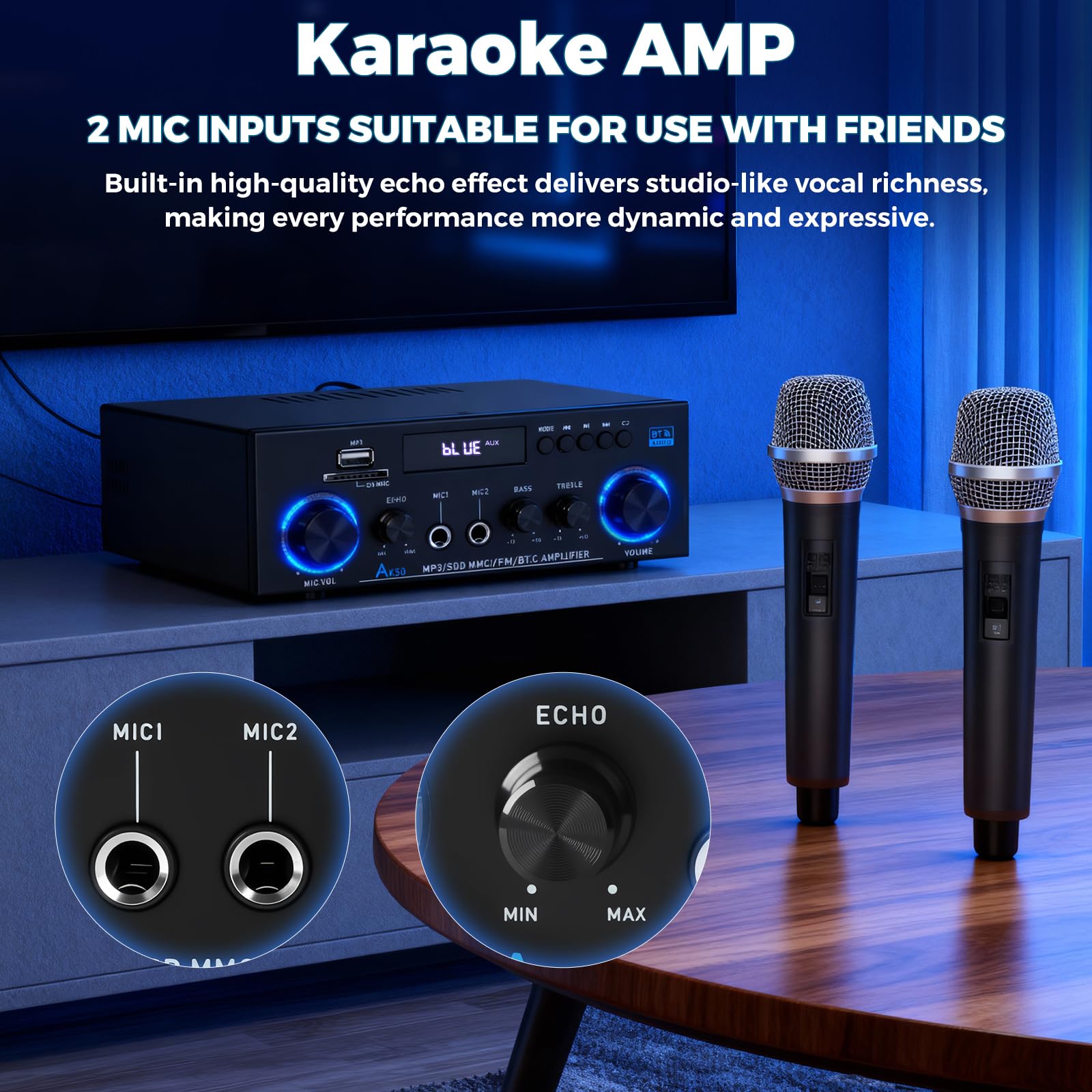 Romicta AK50 Amplificador de Audio Estéreo 800W, Bluetooth 5.0, 2 Canales, con Radio FM, USB, SD, Echo, Micrófono input y Control Remoto, para Cine en Casa