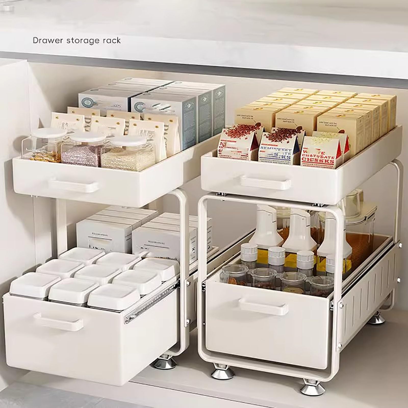 Cestello da Cucina Scorrevole a 2 Livelli, Organizzatore Sottolavello Cucina, Ripiano Salvaspazio Cucina con Piedini Antiscivolo per Dispensa, Bagno, Casa