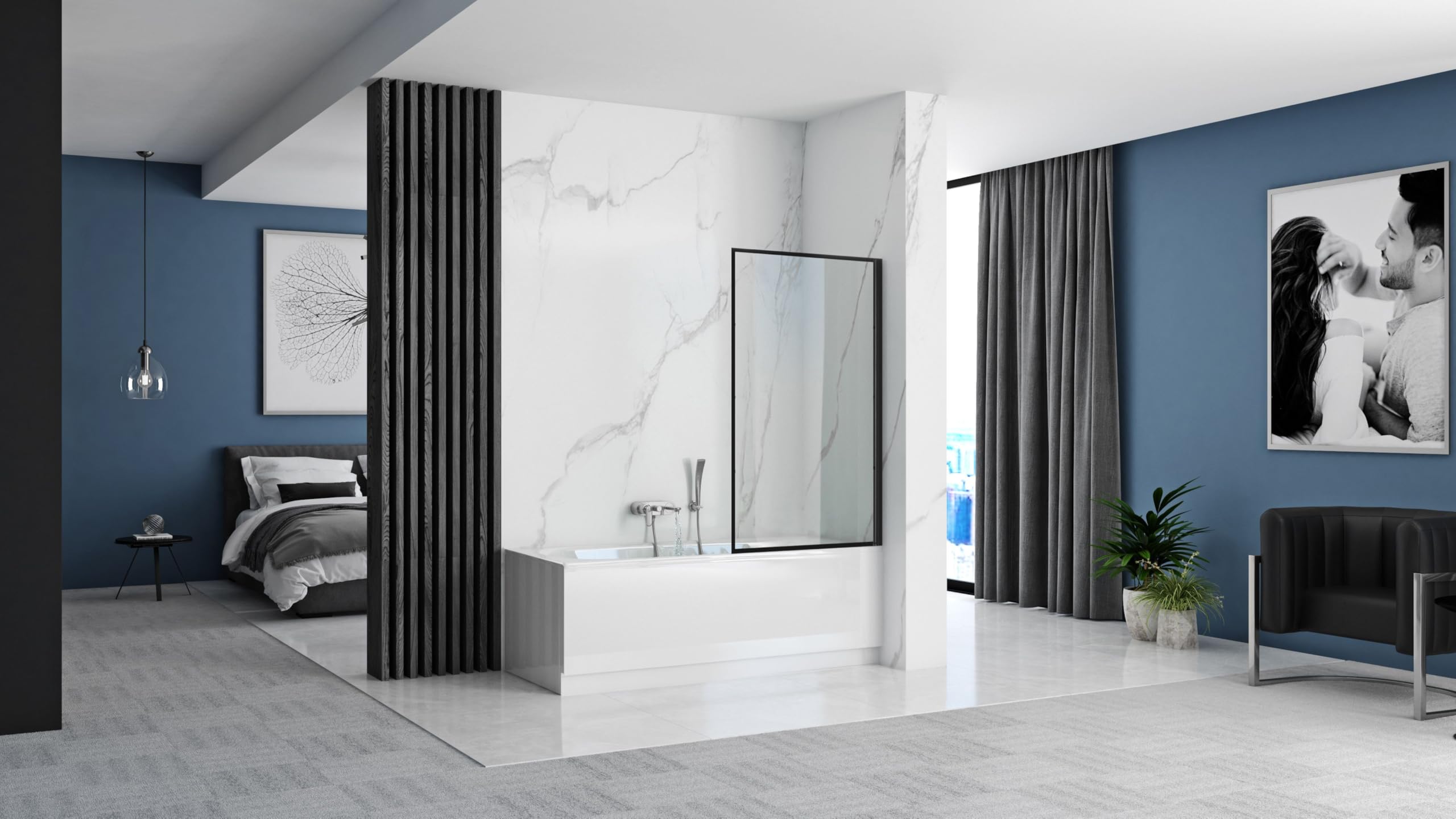 Rea Mampara de bañera Lagos Fix Negro Mampara de bañera sobre pared 70 x 140 cm, cristal de seguridad 5 mm (Acabado perfil: Negro)