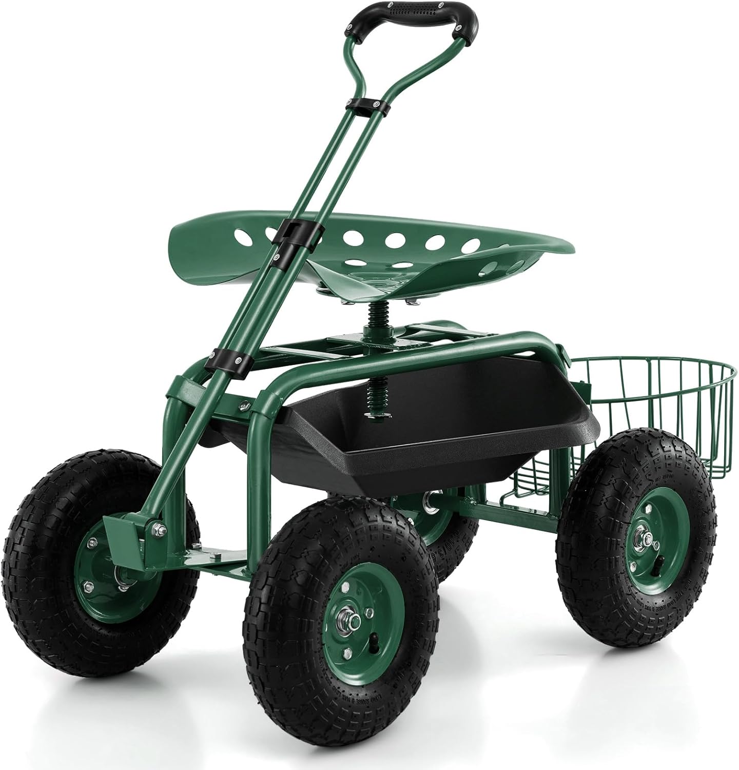 Garden Seat with Wheels, Rolling Garden Stool with Extendable Handle, Storage Basket & Tool Tray, Garden Scooter with 360 Degree Swivel Seat for Outdoor, Garden
