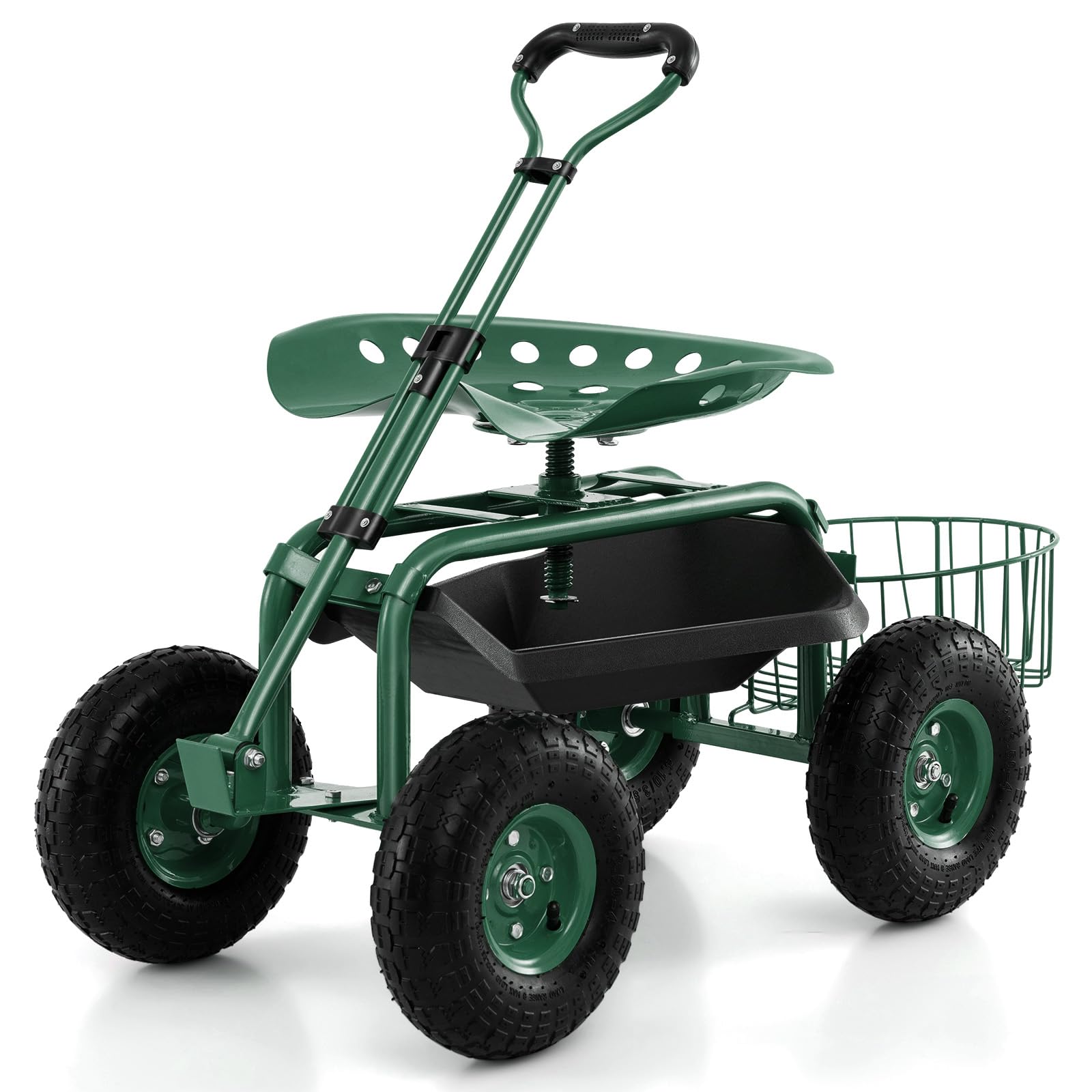 GYMAX Gartenhocker mit Rollen, Gartenwagen mit Verstellbarer Sitzhöhe, ausziehbarem Griff & Aufbewahrungskorb, Rollsitz für Gartenarbeit, Arbeitssitz Gartensitz Grün