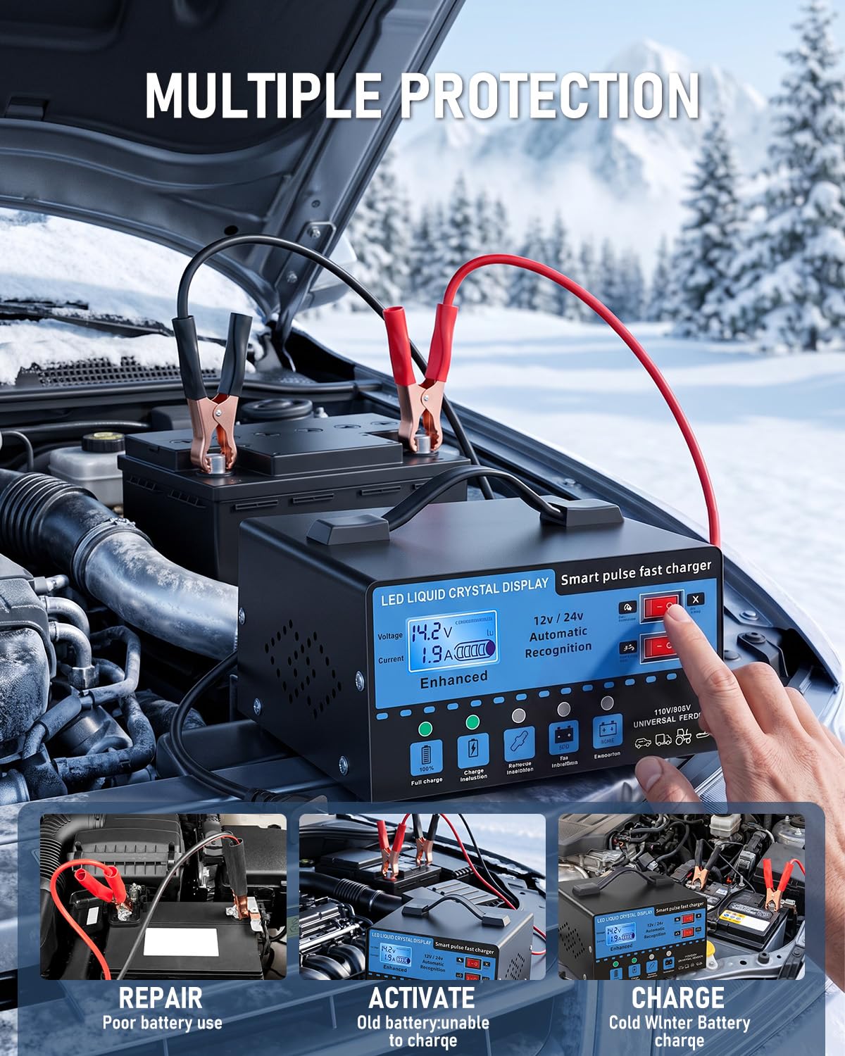 Caricabatteria da auto intelligente da 12 V/24 V con display LCD, mantenimento automatico della batteria e caricabatterie per trickle, compensazione della temperatura, protezione da sovraccarico per
