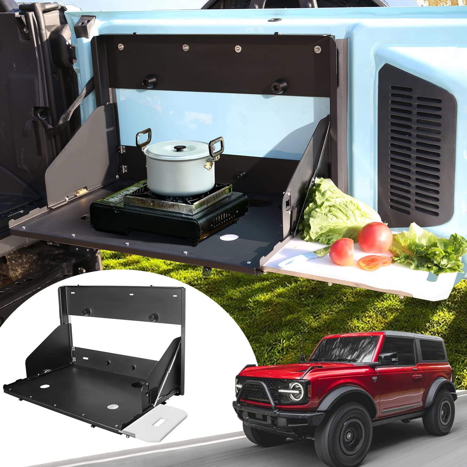 MAIKER 2-Tier Tailgate Table For Ford Bronco - Foldable Camping Shelf, Aluminum Alloy, No Drilling Needed