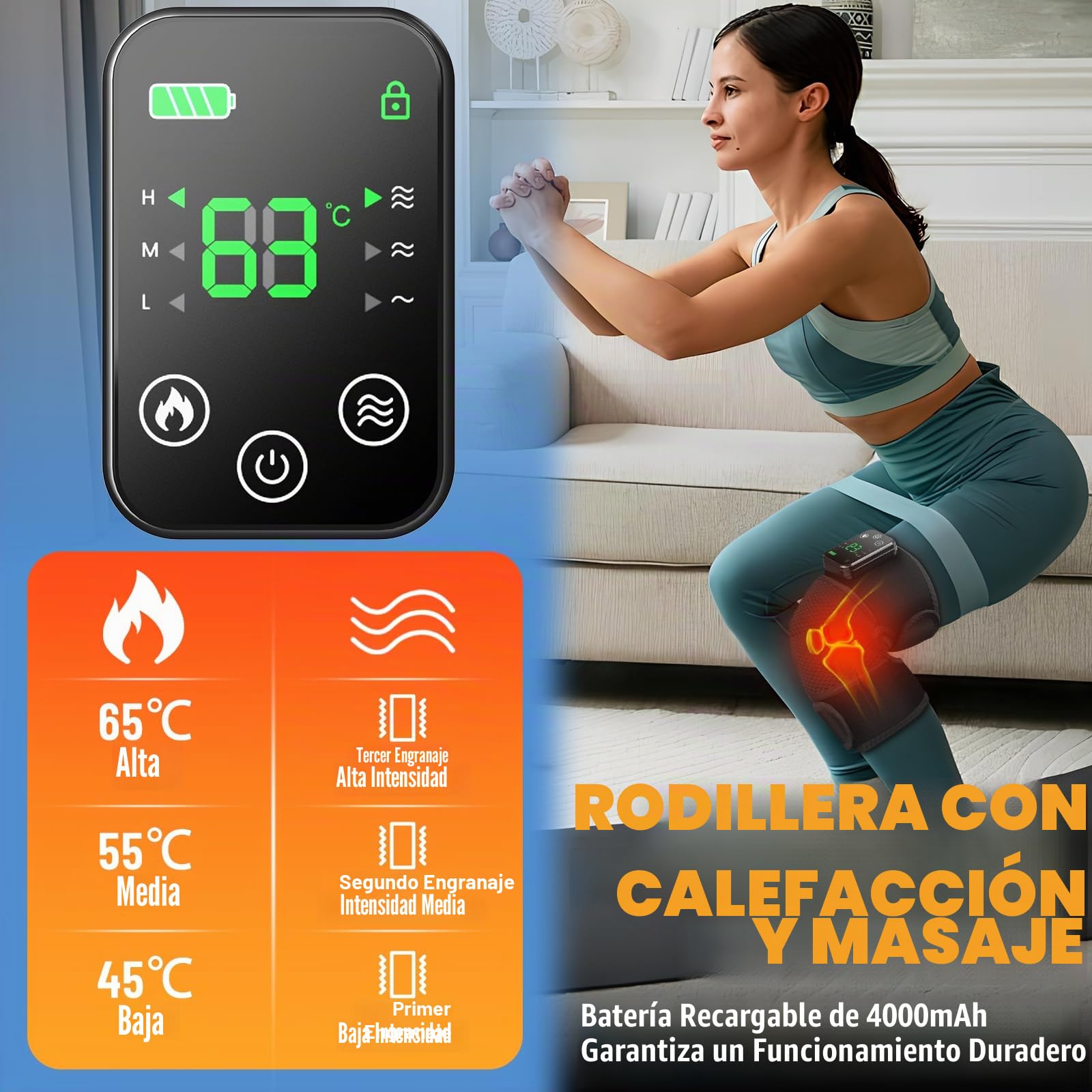 Masajeador de rodilla para aliviar el dolor de articulaciones, almohadillas térmicas inalámbricas 3 en 1 para aliviar el dolor, vibración de 3 intensidades con control de temperatura