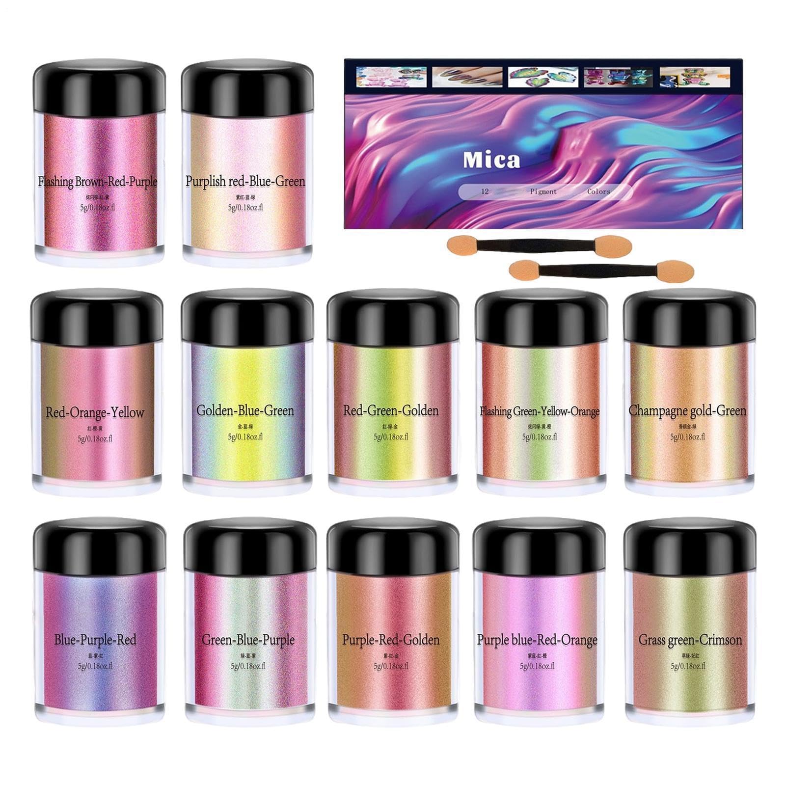 Pigment Pulver Natürlicher Kosmetikqualität 12 Flaschen | Kosmetikfarbstoff Epoxidharz Glimmerpulver für Kerzen, Schmuck, Badebälle, Kunsthandwerk, Beton, Lippengloss, Autolackierung