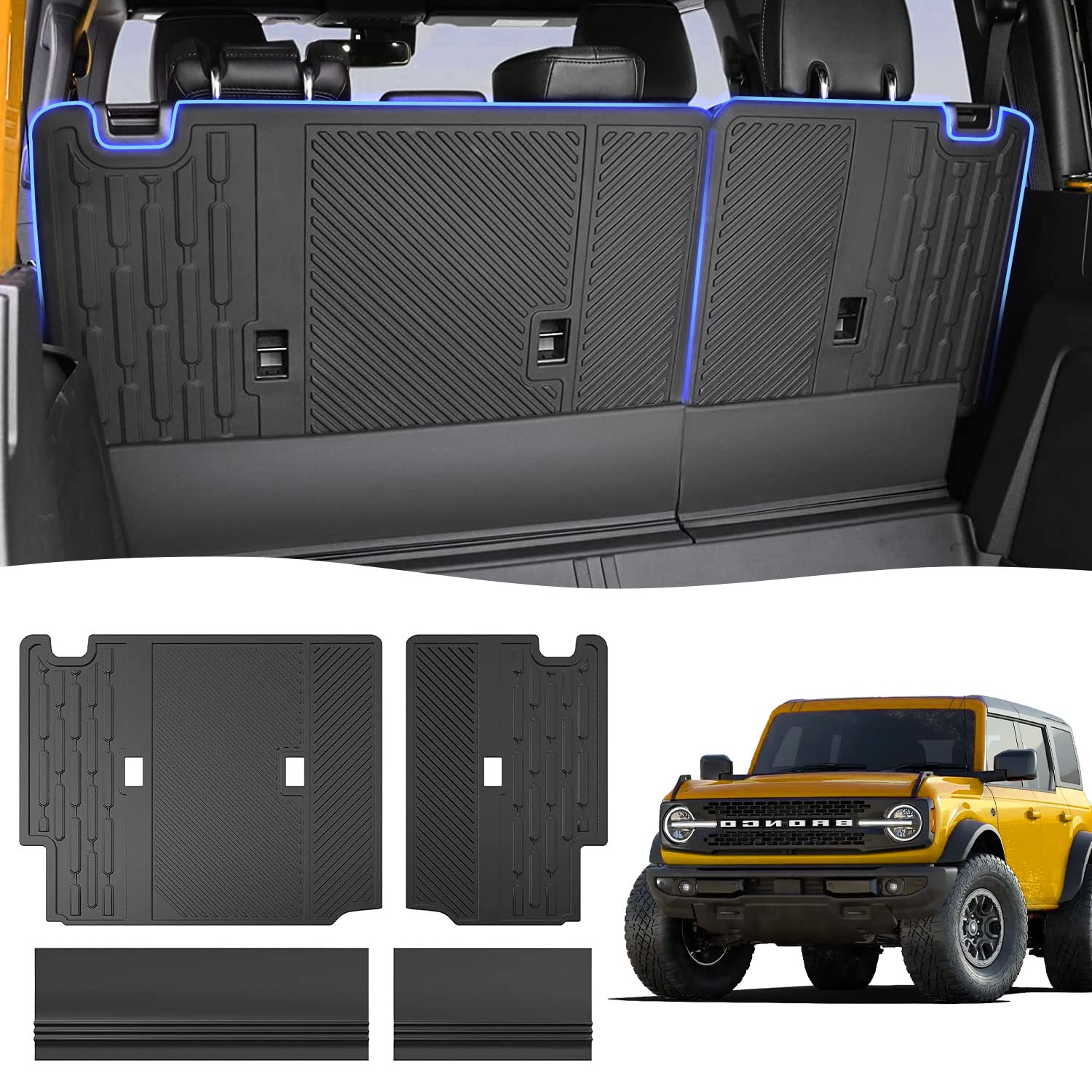 Photo 1 of Rear Seat Back Cover Protector for 2021 2022 Ford Bronco 4 Door Accessories, Backrest Protector Prevent Pet Hair Dirt and Tools damaging, Split Dog Seat Liner with Velcro (4 Pieces with Folding Lip)