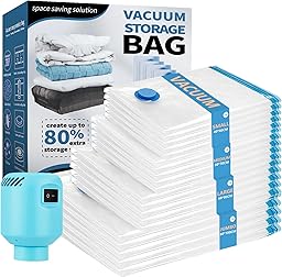 Bolsas de Vacío Ropa con Bomba Eléctrica, 20 Piezas Bolsas Vacío Para Ropa 5XL+5L+5M+5S para Guardar Ropa, Ropa de Cama, Almohadas, Mantas, Edredones, Bolsas ahorradoras de espacio