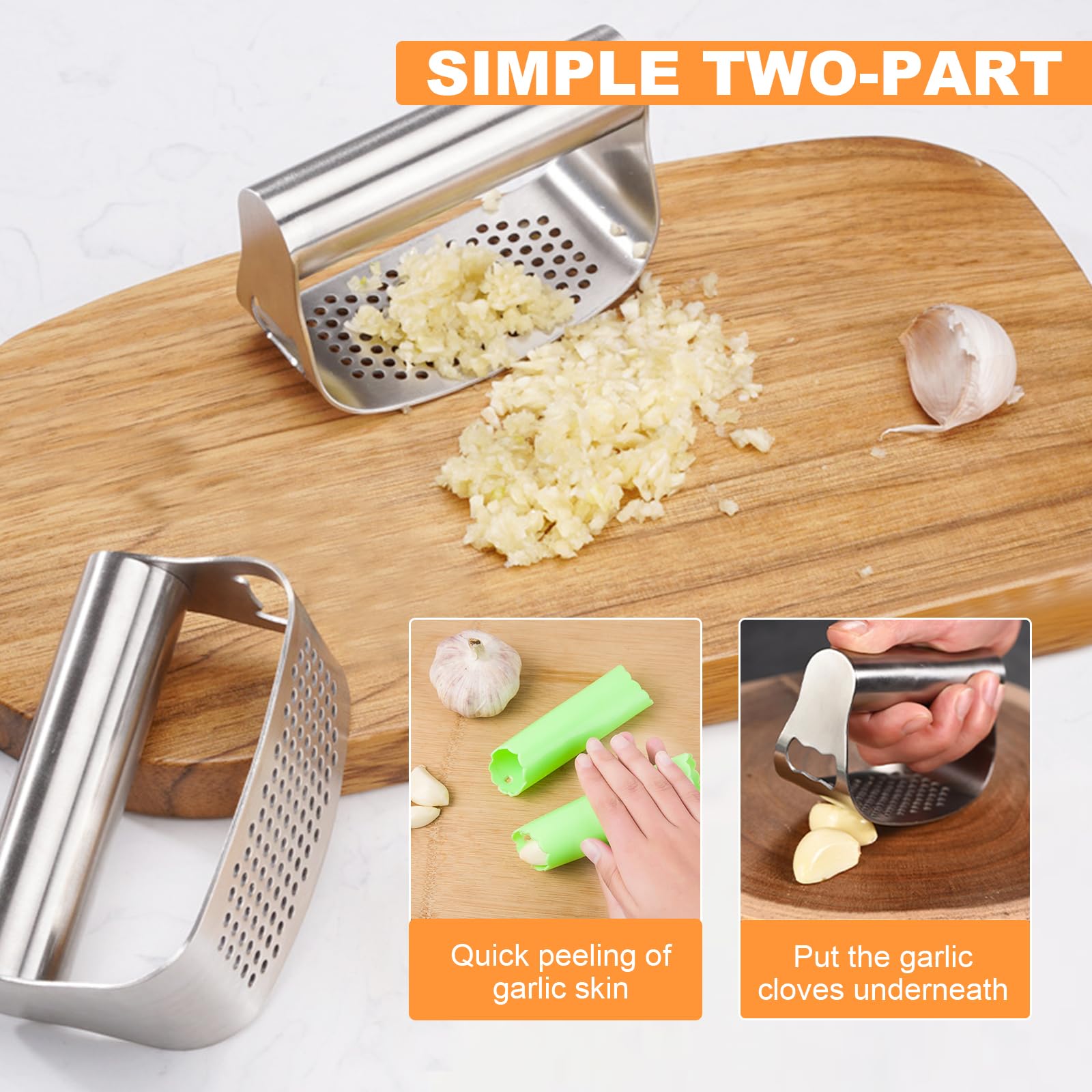 Schiaccia Aglio In Acciaio Inox 304 - 2 Pezzi Con Pela-aglio In Silicone - Utensile Da Cucina Professionale