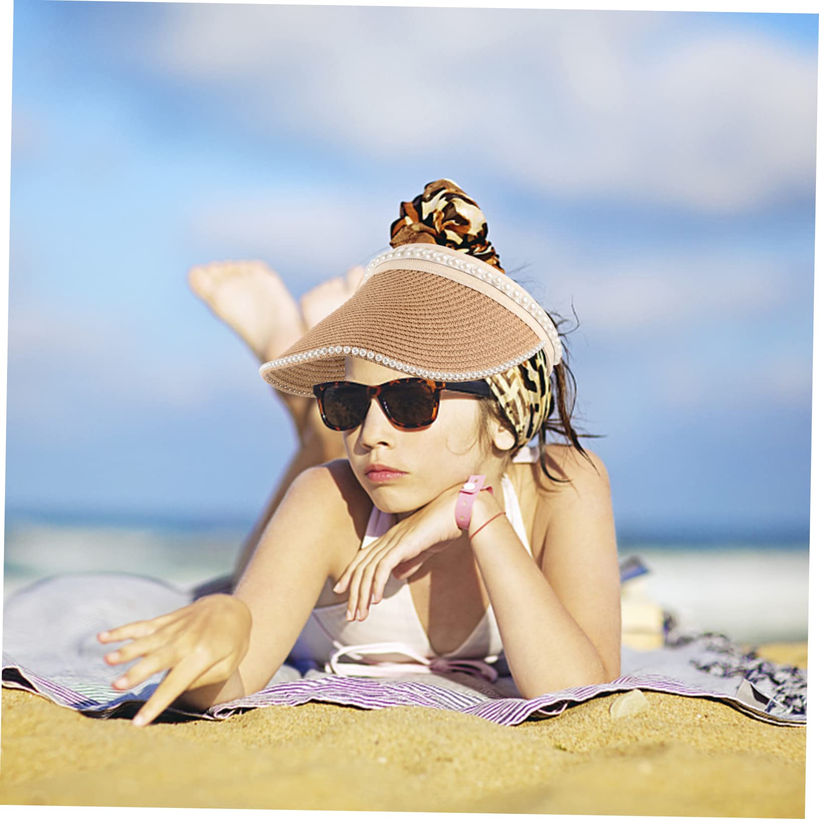 Visera Solar de Paja Perlas para Mujer, Sombrero Parasol