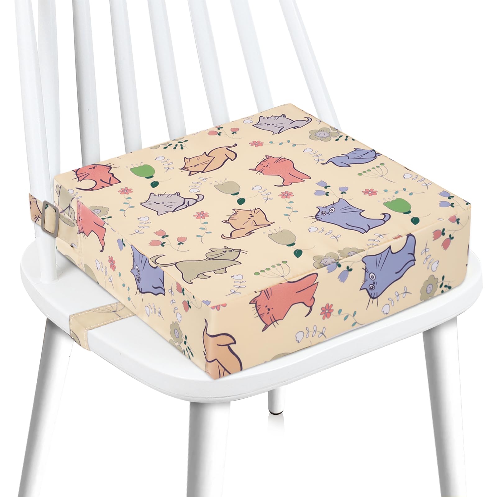 Booster Seat for Dining Table, Stronger Support Double Safe Straps Booster Seat for Kitchen Chair, Non-Slip Bottom Portable Travel Chair Cushion for Kids (Beige Cat)