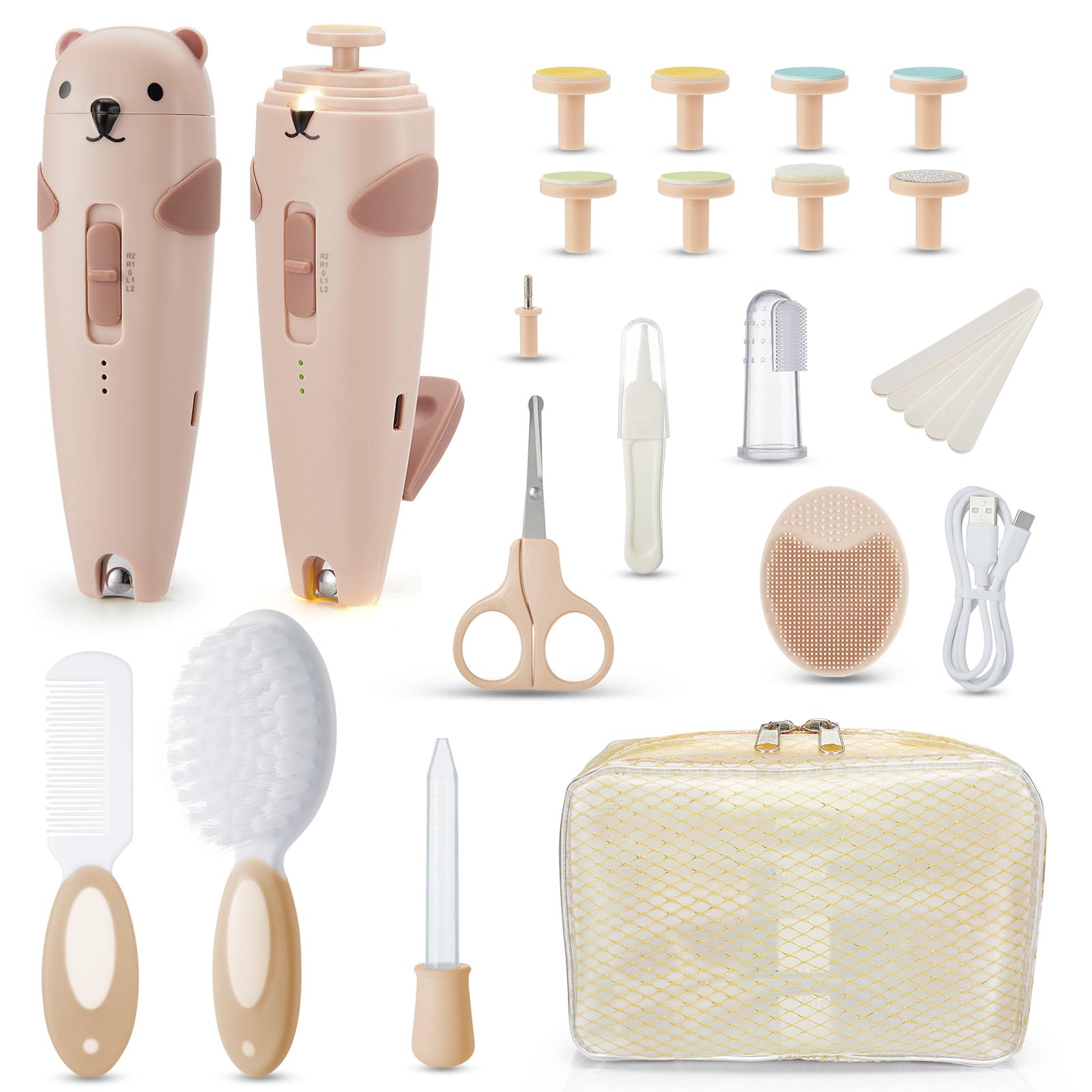 Lilian&Gema Kit Neonato 28 in 1,Lima Elettrica per Unghie Neonato, Lima Unghie Neonato Silenziosa,Tagliaunghie Neonato con Luce,6 Teste di Macinazione,Ricarica di Type-C, Kit Completo Cura Bambino