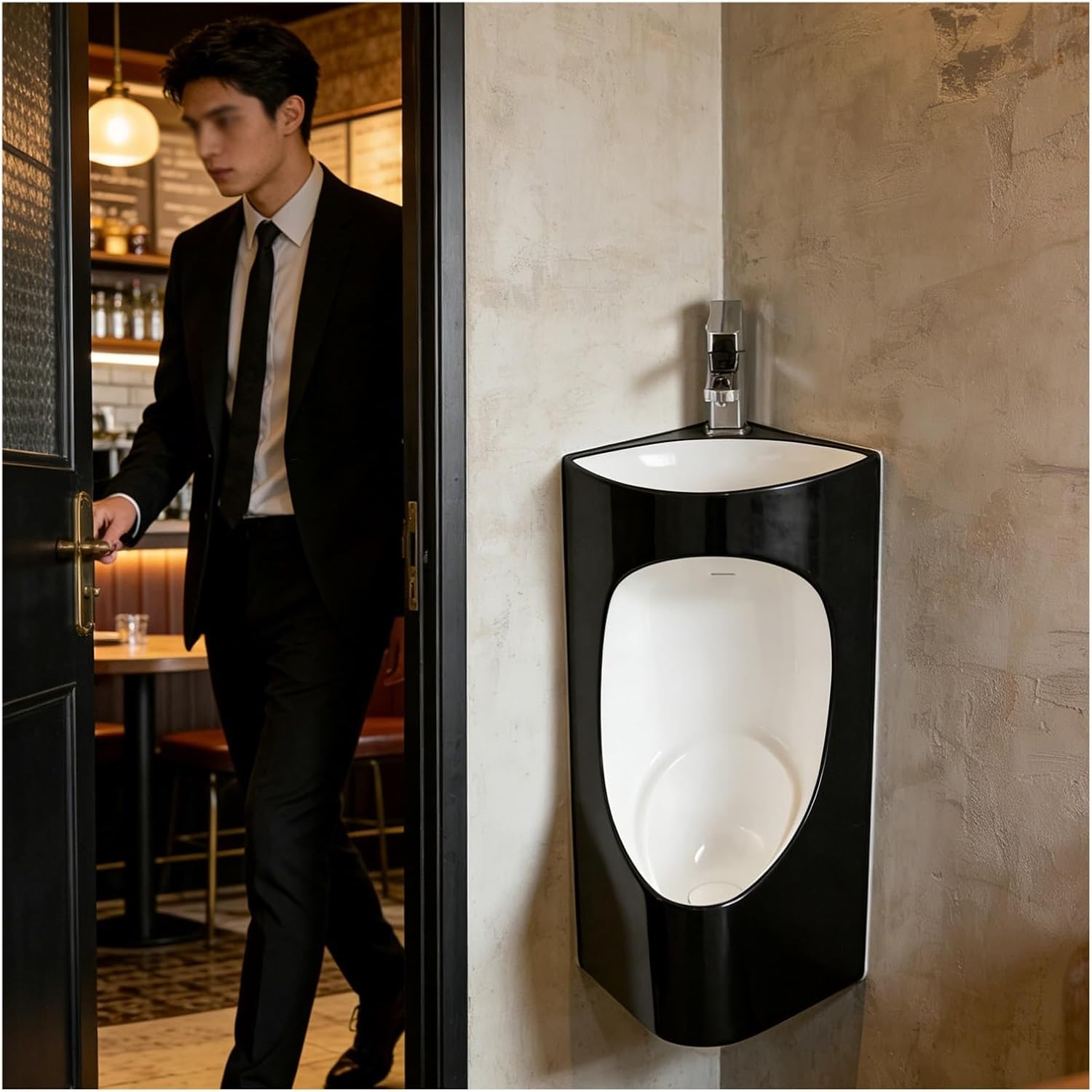 Corner Ceramic Urinals Black Gray White, Wall-Mounted Urinal for Men with Built-in Sink, Male Urinal Spill-Proof & Airtight Seal, for Garage Basement(Black)