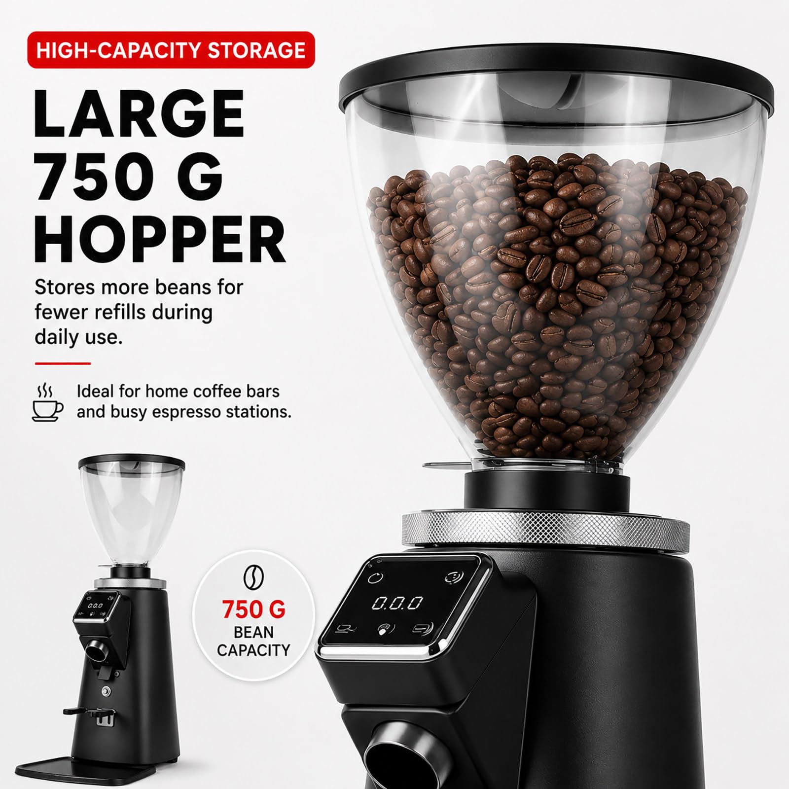Molino Café Barista con Accionamiento Directo - Molienda Regulable, Conducto Magnético, Soporte para Portafiltro Black