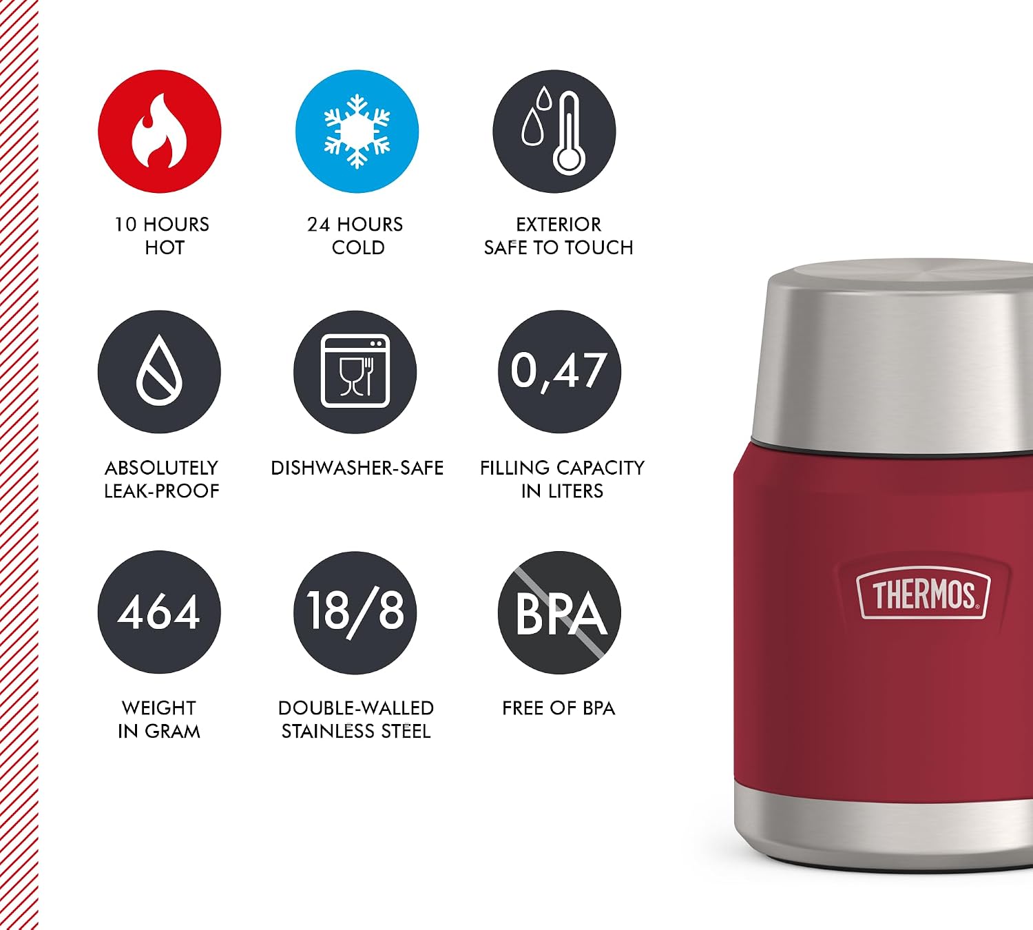 Thermos ICON Food Jar 0.47 L, Red/Wild Berry Matt, Food Jar 470 ml, Double-Walled 18/8 Stainless Steel, Keeps Warm and Cold, with Folding Spoon, Non-Slip Base, Completely Leak-Proof