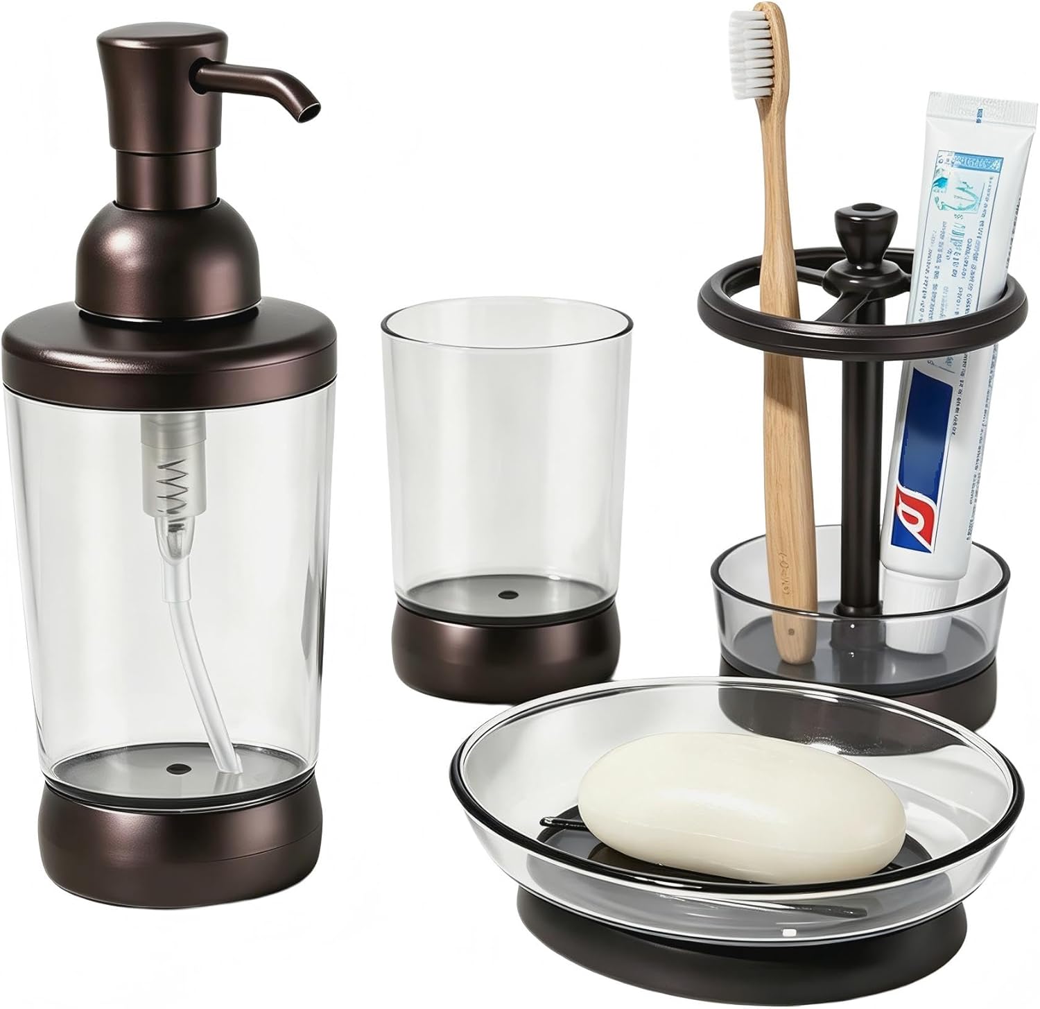 4 Piece Bathroom Accessories Set, Coffee Brown Plastic Bathroom Accessory Set with Toothbrush Holder, Soap Dispenser, Mouthwash Cup & Soap Dish, Modern Vintage Bronze