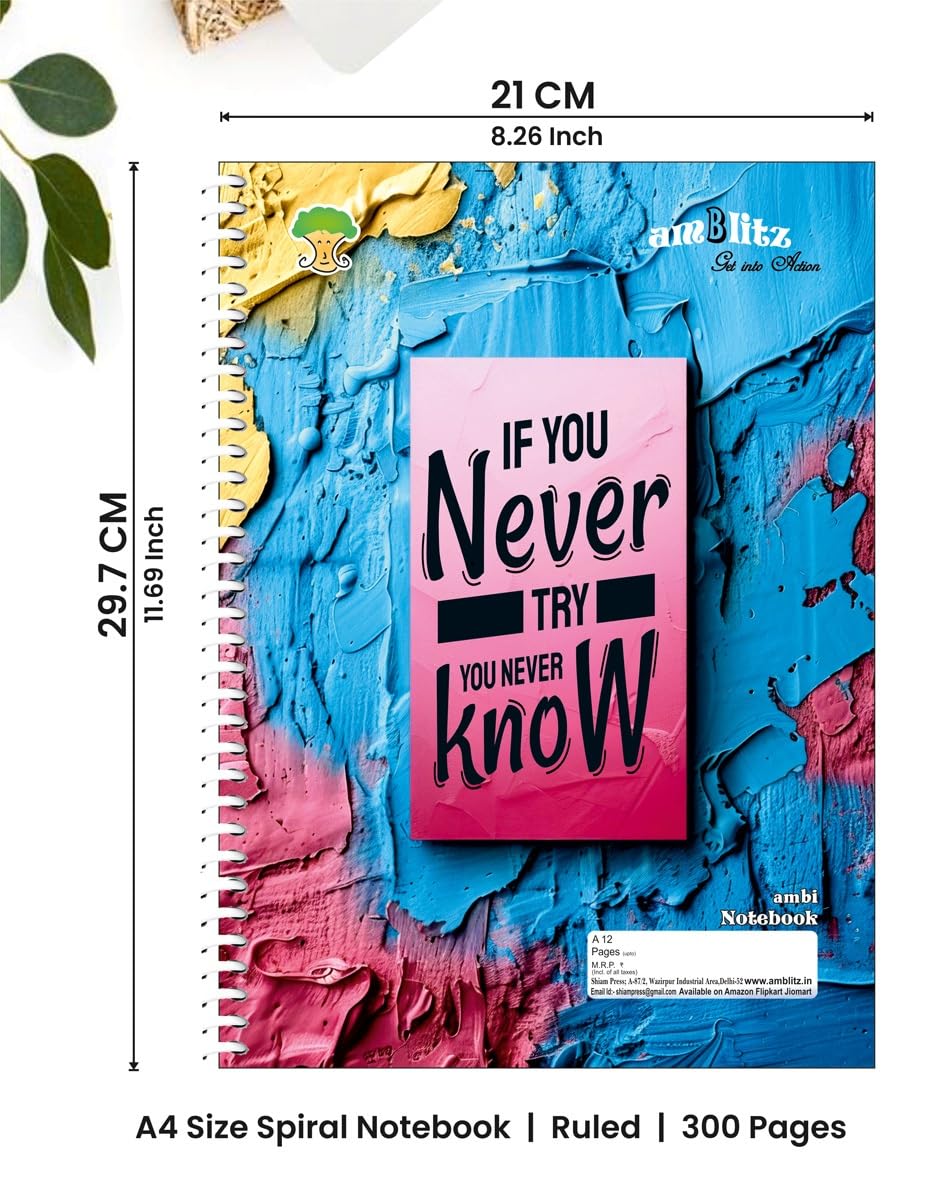 amblitz Spiral Notebook | 300 Pages | A4 Size | Single Line Ruled | Beautiful Covers with Motivational Quotes | Pack of 1 | School College Student Notemaking Notebook | 70 GSM Thick Paper