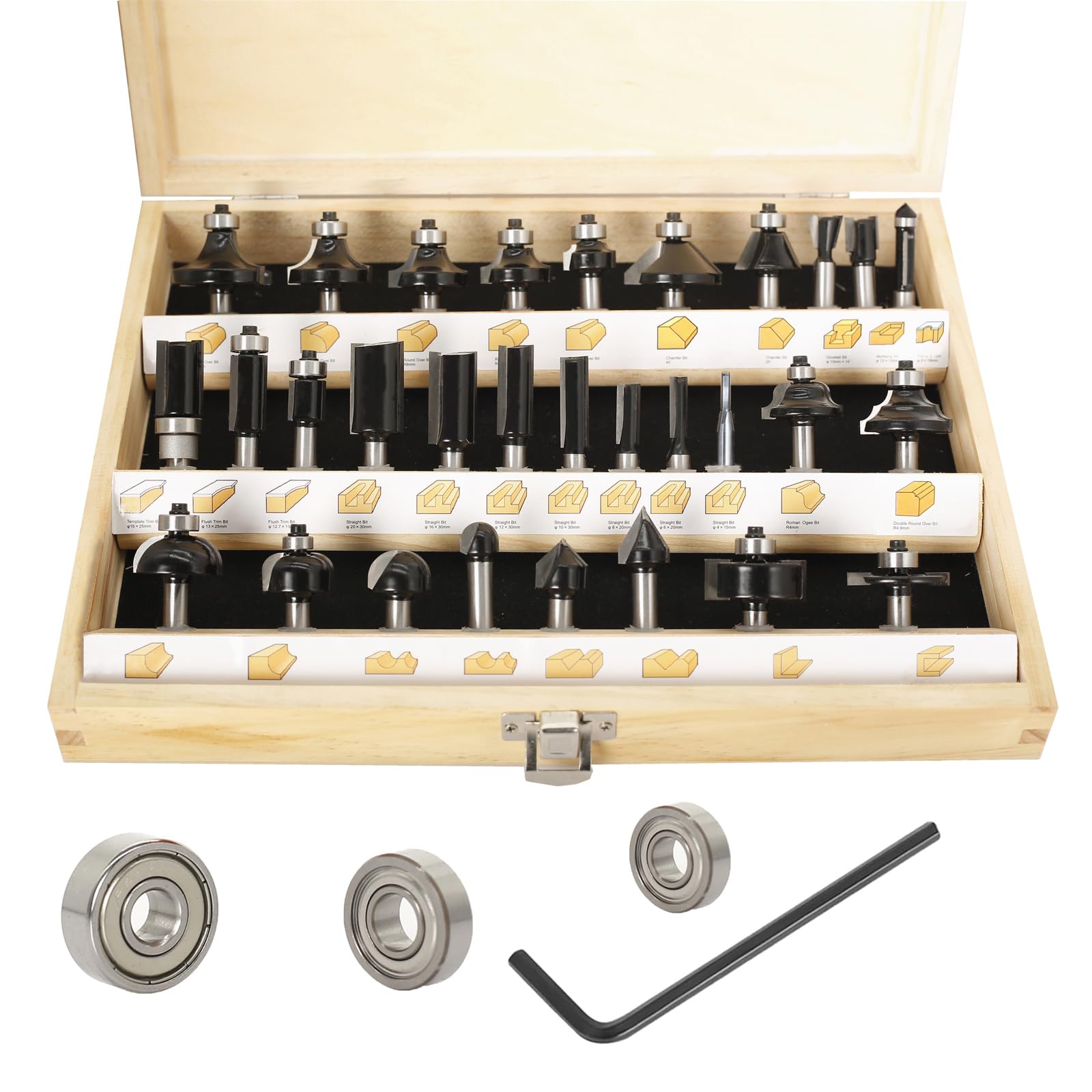 Lot de 30 fraises de défonceuse HM, tige de 8 mm, dans un coffret en bois avec roulement en 3 pièces, pour le bricolage du bois, défonceuse (tige 8 mm, lot de 30 pièces)