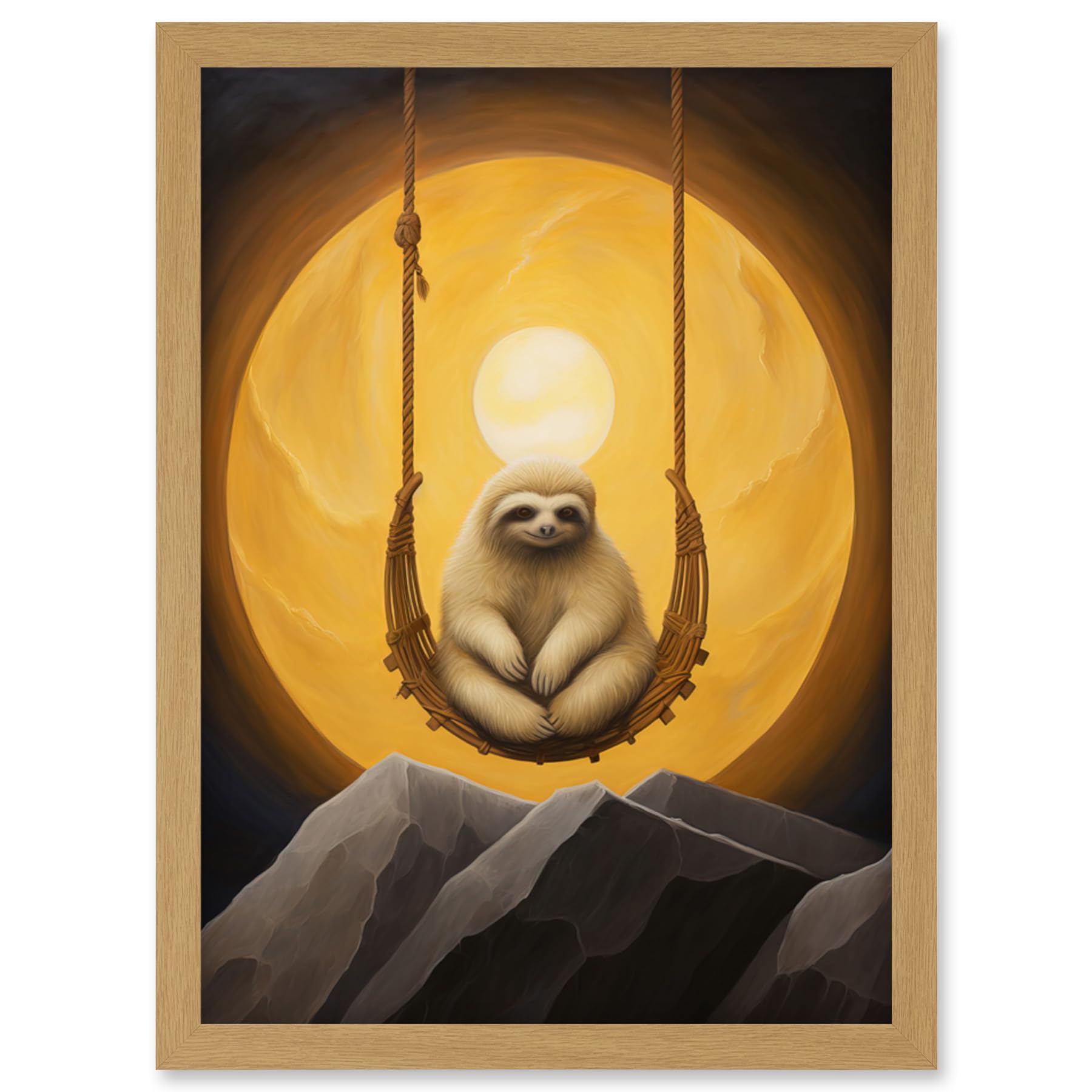 Artery8 Wall Art Print - Lazy Overlord Sloth at Full Moon - Abstract Surrealist Painting - Framed A4